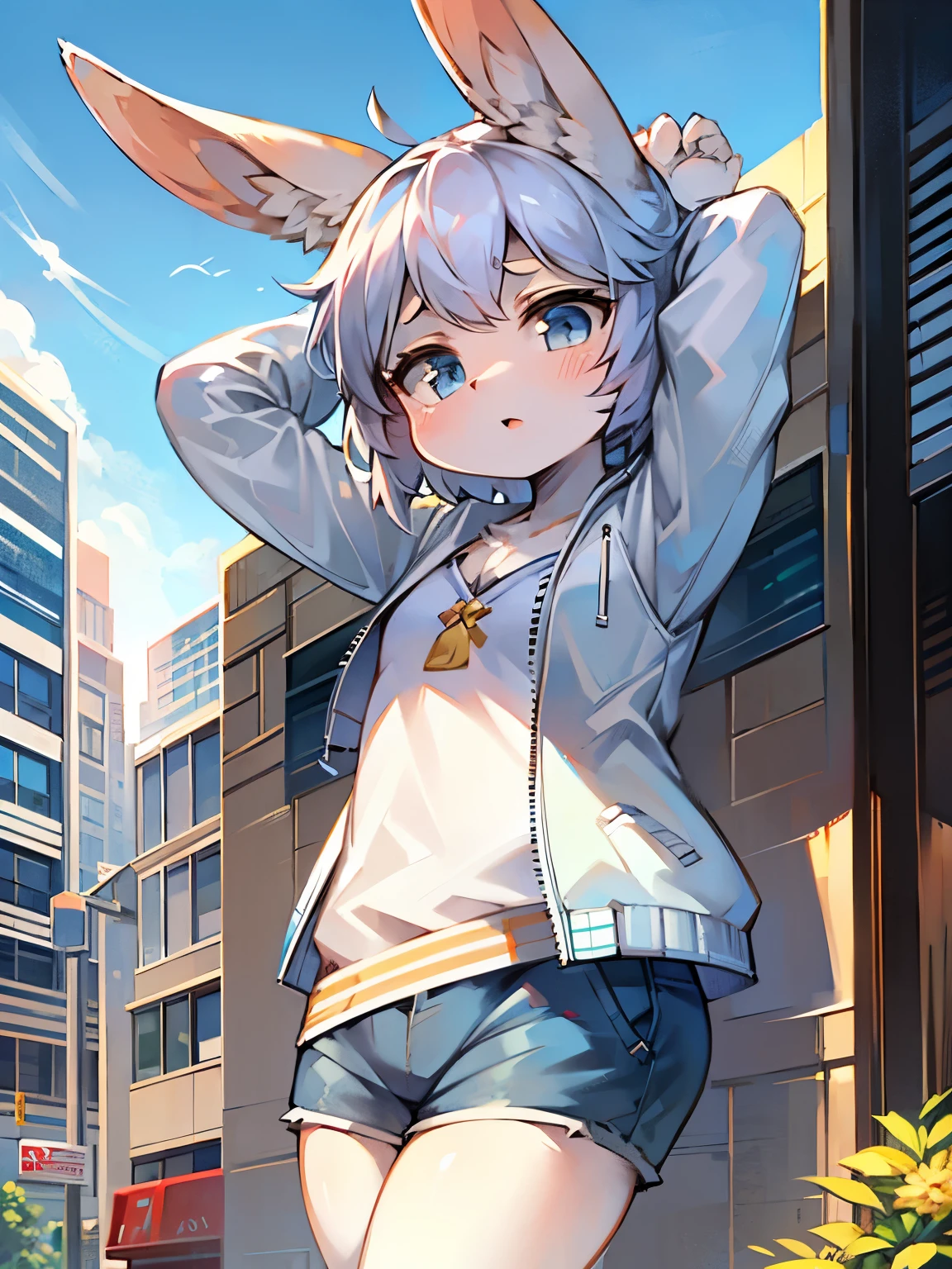 It's sunny outside,Bunny Girl,bunny ears,Female focus,hairy woman,Acting cute,short and small,Characteristics of a three-year-old girl,white skin,Blue short sleeve with white jacket,shorts,city bright background