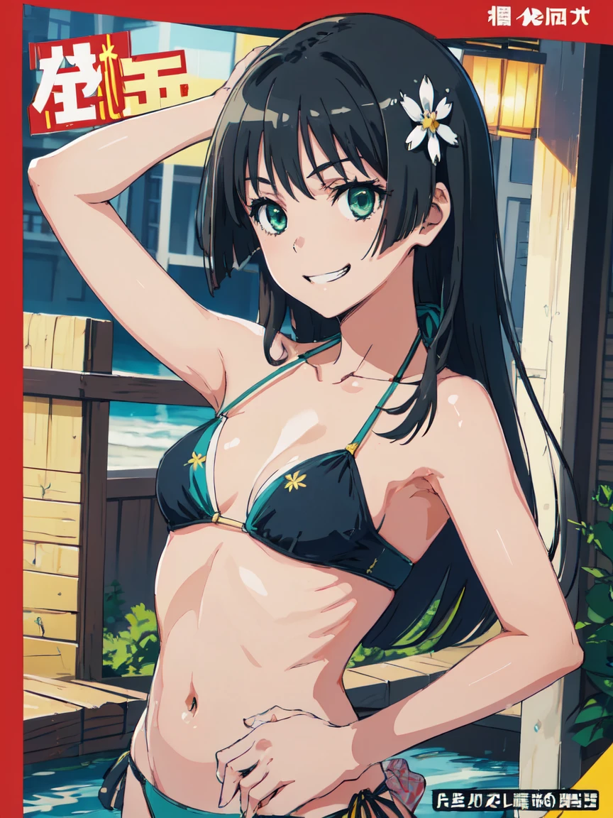 hustlercover, (High resolution:1.4), (masutepiece:1.2), (High quality:1.3) 1girl, saten ruiko, hair ornament, green eyes, long hair, black hair, small breast, bikini,  grin