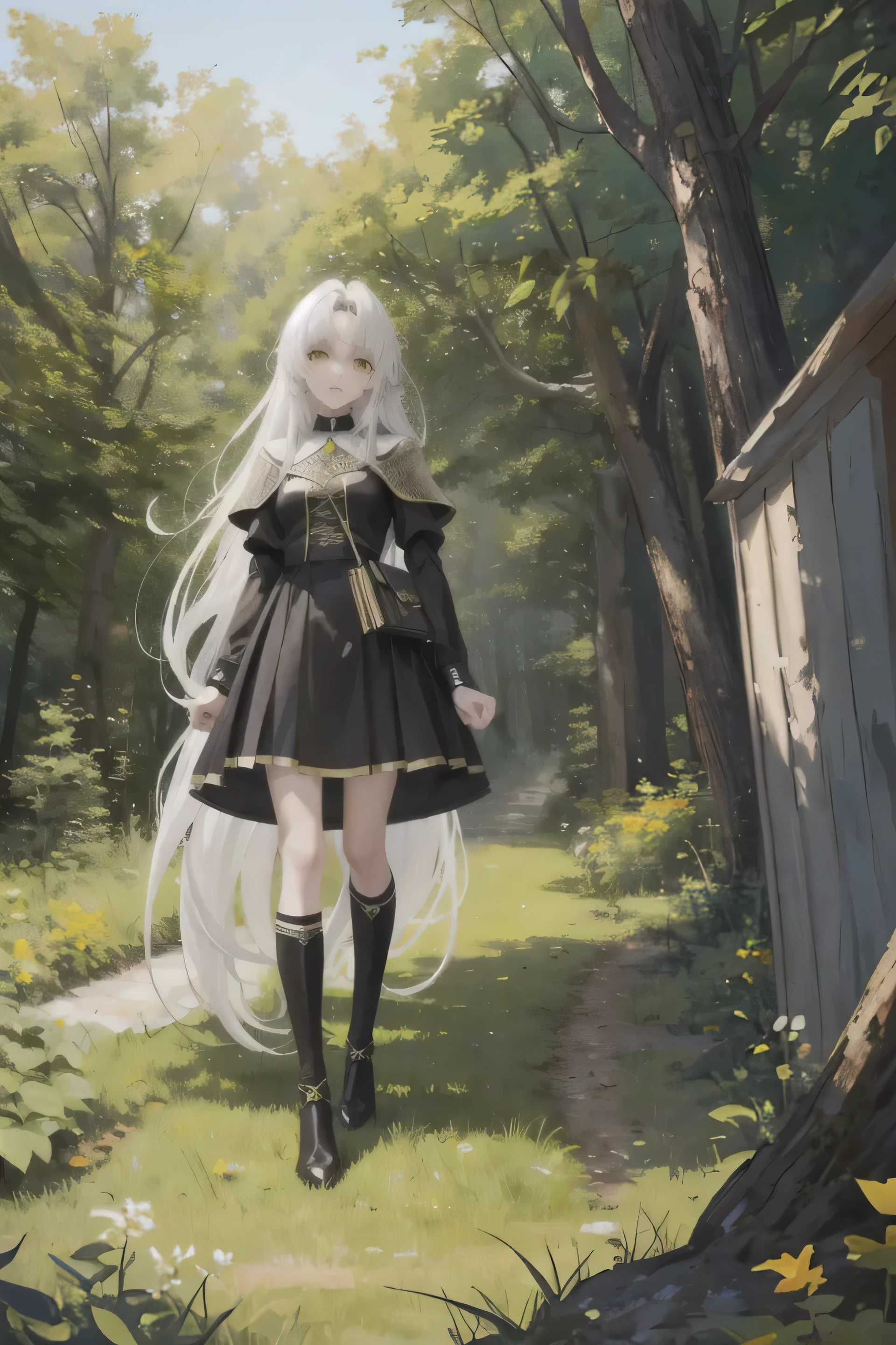 anime girl in black dress standing in a forest with trees, anime girl wearing a black dress, white haired deity, perfect white haired girl, anime girl with long hair, anime visual of a cute girl, cute anime waifu in a nice dress, from girls frontline, girls frontline style, guweiz on pixiv artstation, blonde anime girl with long hair
