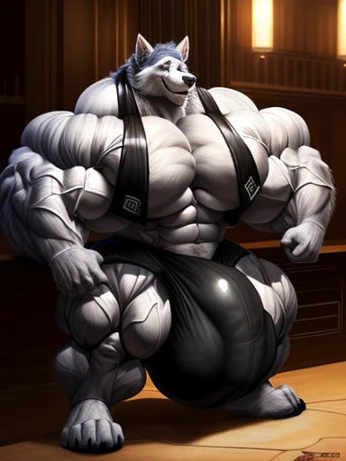 4k, high resolution, best quality, perfect lightning, perfect shadows, solo, anthro, young, boy, wolf, furry body, (fluffy mane:1.2), fluffy tail, male, adult, (bulky, thick muscles, huge muscles, hyper muscles:2.0), (thick biceps, veiny biceps, big broad veiny pecs, broad shoulders:1.1), (thick legs, thick calves:1.1), (digitigrade legs, 4 toes:1.2), (huge bulge, hyper bulge:2.0), perfect colors, (photorealistic fur, detailed fur, epic, masterpiece), (suggestive posing:1.2), (seductive smile, lustful grin 1.3), detailed modern bar, (black leather jacket, open jacket, tie, black shorts), detailed wolf eyes, by k0suna, by darkgem