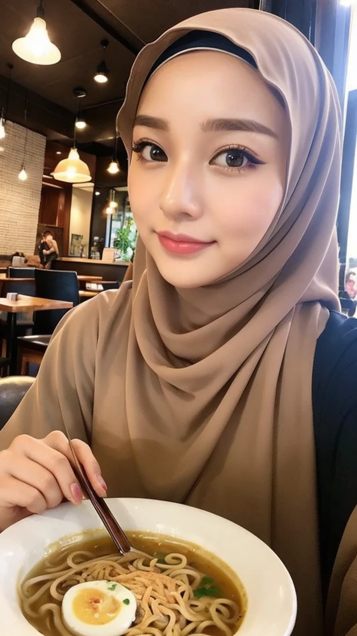Beautuful Women、hijab, indonesian, realistic, cafe, ramen、selfee、The face is cute、Vanrak Ayyans appears. beautiful、alone
