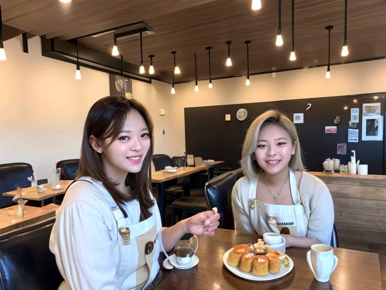 (best quality,4k,8k,highres,masterpiece:1.2),ultra-detailed,(realistic,photorealistic,photo-realistic:1.37),2girls:1.4,jeongyeonlorashy,two girl baristas serving coffee,half body,super detailed,ultra HD,high quality,extremely detailed,accurate faces,coffee cups,espresso machine,vibrant and cozy cafe,artistic aprons,delicate latte art,playful expressions,flawless skin,fine facial features,softly curled hair,warm lighting,rich color palette,bokeh accents,tantalizing aroma,leisurely atmosphere,meticulously brewed coffee,interacting with customers,friendly smiles,relaxing jazz music,inviting seating area,moderately busy cafe,scrumptious pastries,beautifully decorated cakes,pleasant conversation,budding friendship,trendy and stylish decor,elegant hand gestures,steaming coffee mugs,coffee beans in grinder,graceful movements,moment of shared laughter,memorable ambiance