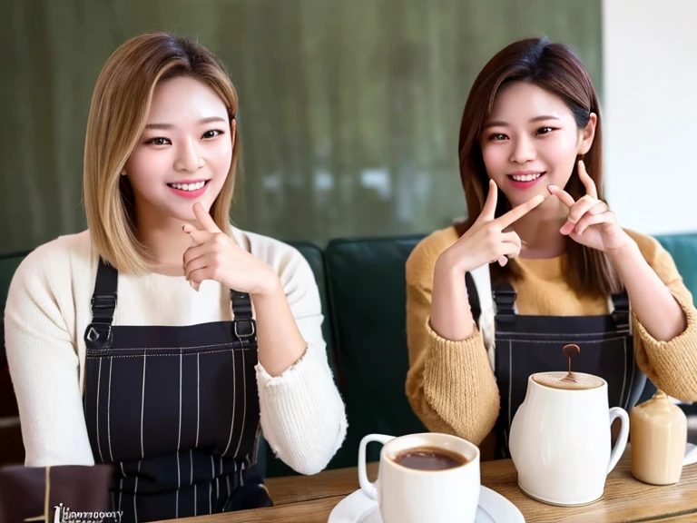 (best quality,4k,8k,highres,masterpiece:1.2),ultra-detailed,(realistic,photorealistic,photo-realistic:1.37),2girls:1.4,jeongyeonlorashy,two girl baristas serving coffee,half body,super detailed,ultra HD,high quality,extremely detailed,accurate faces,coffee cups,espresso machine,vibrant and cozy cafe,artistic aprons,delicate latte art,playful expressions,flawless skin,fine facial features,softly curled hair,warm lighting,rich color palette,bokeh accents,tantalizing aroma,leisurely atmosphere,meticulously brewed coffee,interacting with customers,friendly smiles,relaxing jazz music,inviting seating area,moderately busy cafe,scrumptious pastries,beautifully decorated cakes,pleasant conversation,budding friendship,trendy and stylish decor,elegant hand gestures,steaming coffee mugs,coffee beans in grinder,graceful movements,moment of shared laughter,memorable ambiance