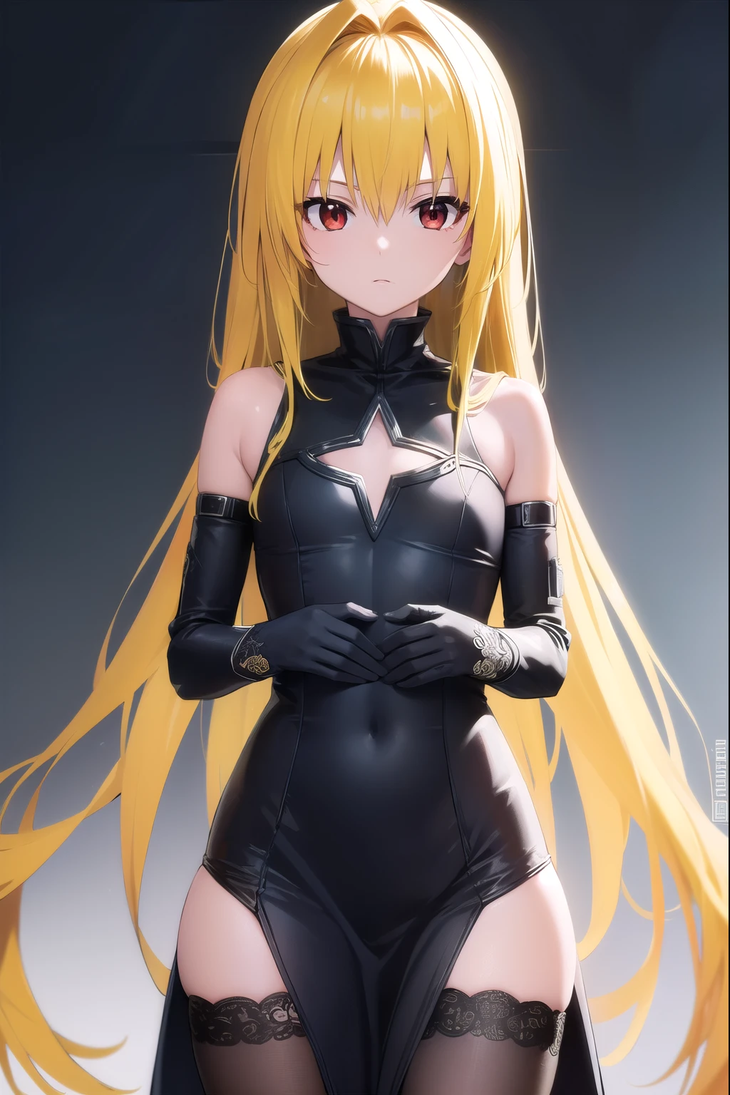 toloveruyami, yami, (yellow hair:1.5), long hair, (red eyes:1.5), hair ornament, (small chest:1.2), 
BREAK sleeveless, detached sleeves, dress, black dress, black skirt, clothing cutout, cleavage cutout,
BREAK outdoors, city,
BREAK looking at viewer, (cowboy shot:1.5),
BREAK (masterpiece:1.2), best quality, high resolution, unity 8k wallpaper, (illustration:0.8), (beautiful detailed eyes:1.6), extremely detailed face, perfect lighting, extremely detailed CG, (perfect hands, perfect anatomy),