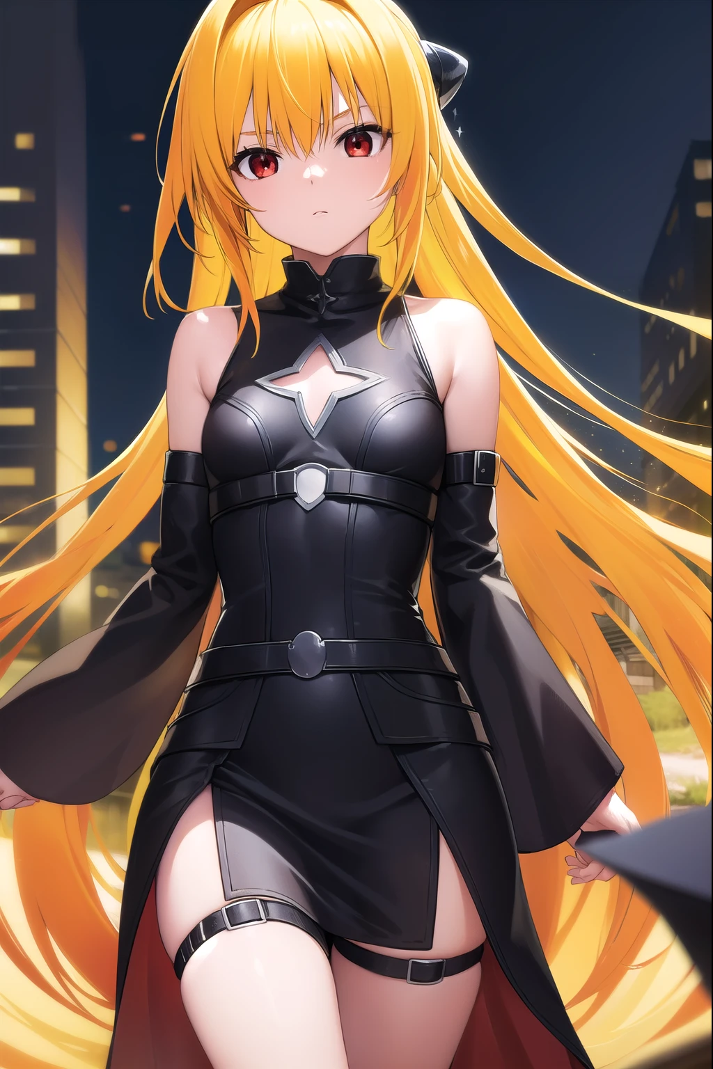 toloveruyami, yami, (yellow hair:1.5), long hair, (red eyes:1.5), hair ornament, (small chest:1.2), 
BREAK sleeveless, detached sleeves, dress, black dress, black skirt, clothing cutout, cleavage cutout,
BREAK outdoors, city,
BREAK looking at viewer, (cowboy shot:1.5),
BREAK (masterpiece:1.2), best quality, high resolution, unity 8k wallpaper, (illustration:0.8), (beautiful detailed eyes:1.6), extremely detailed face, perfect lighting, extremely detailed CG, (perfect hands, perfect anatomy),