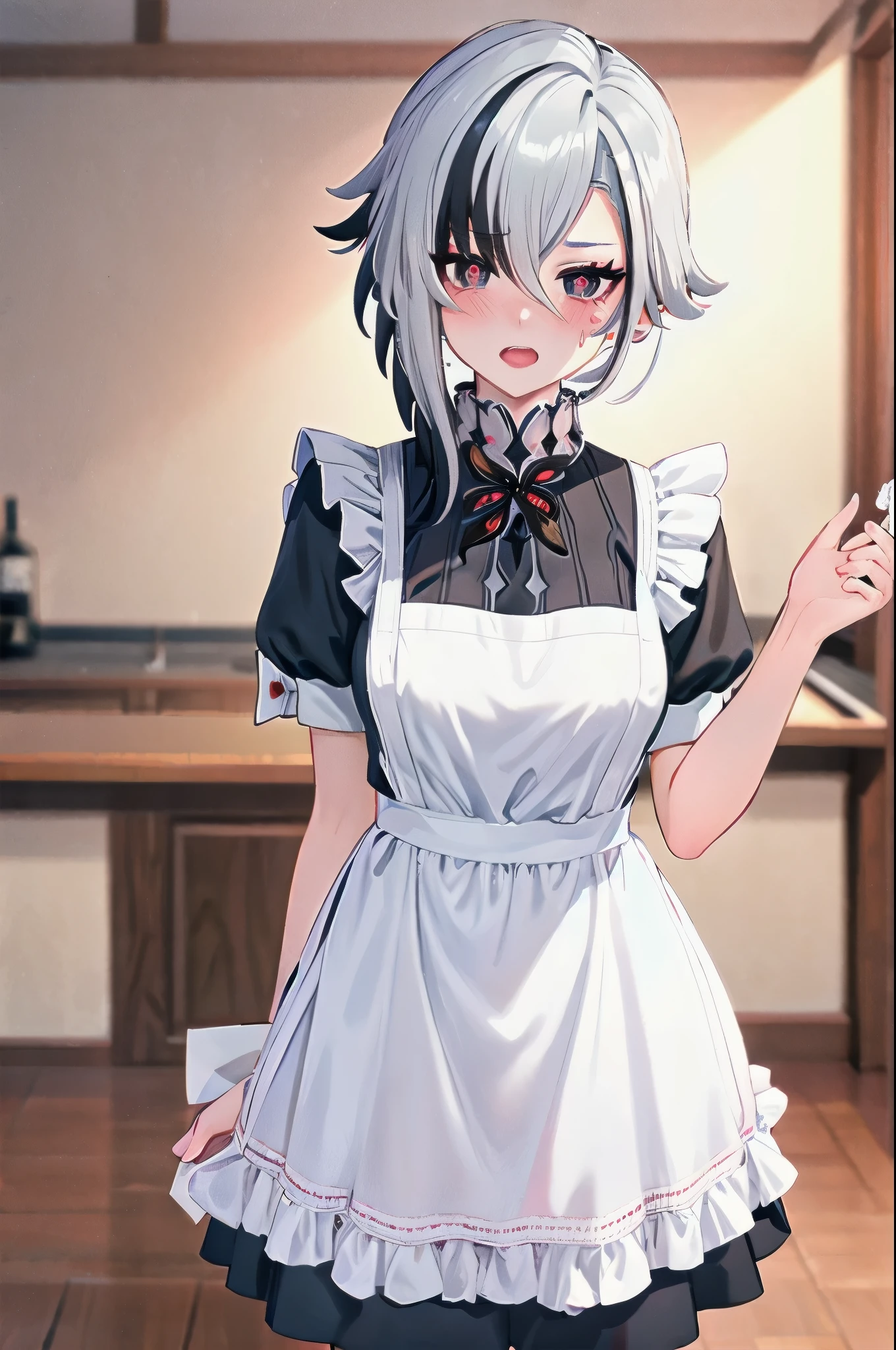 1girl, arlecchino \(genshin impact\), maid, maid headdress, maid apron, embarrassed, open mouth, blush, light frown, looking at viewer, x-shaped pupils, black eyes, cowboy shot, bar \(place\), indoors, depth of field