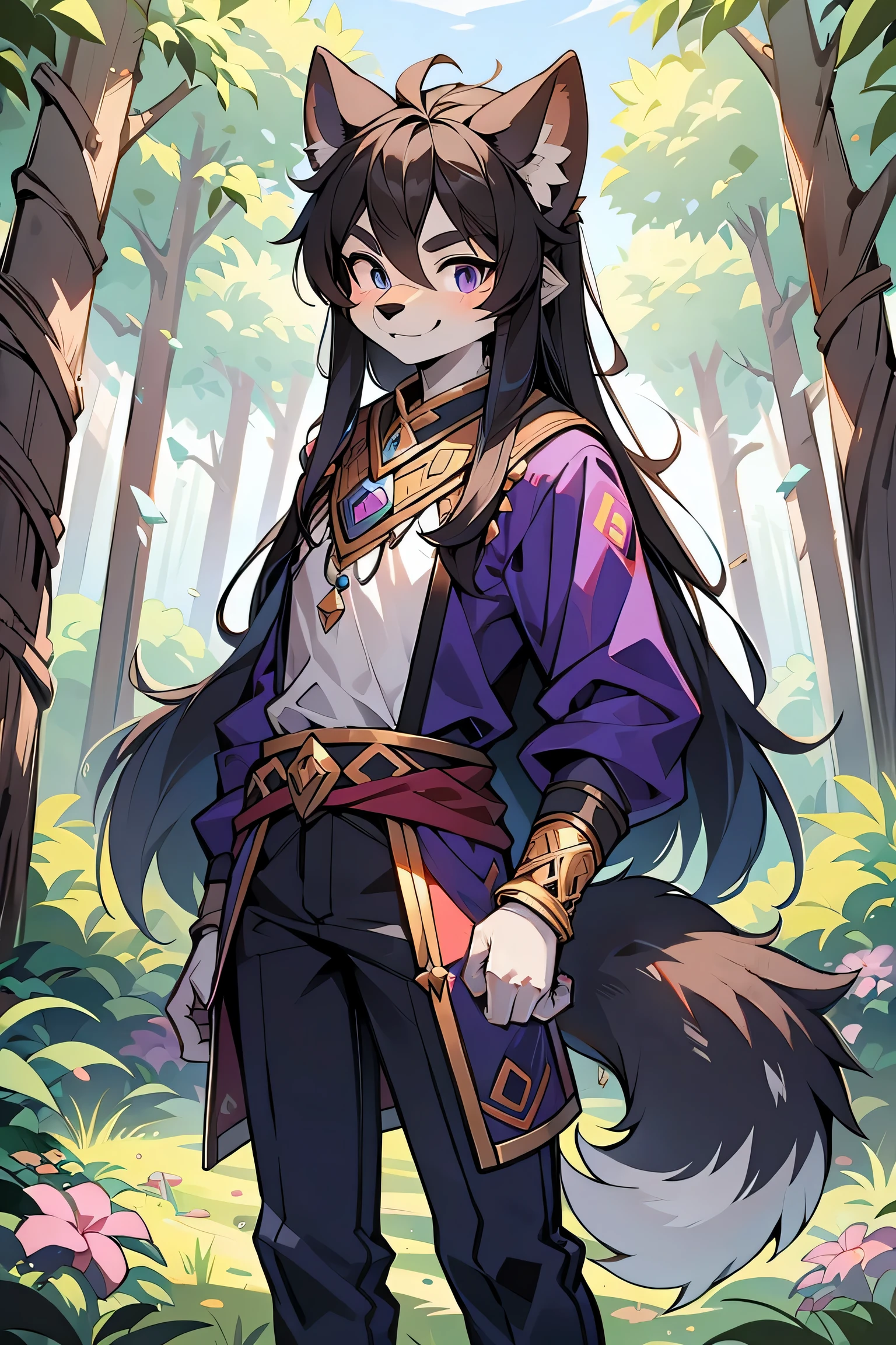 The male wolf is 180 cm tall,blue-purple eyes, , long black hair, end, The upper body shows off a perfect figure,purple and gold clothing,with smile,two small ears,fair skin standing ,in the forest