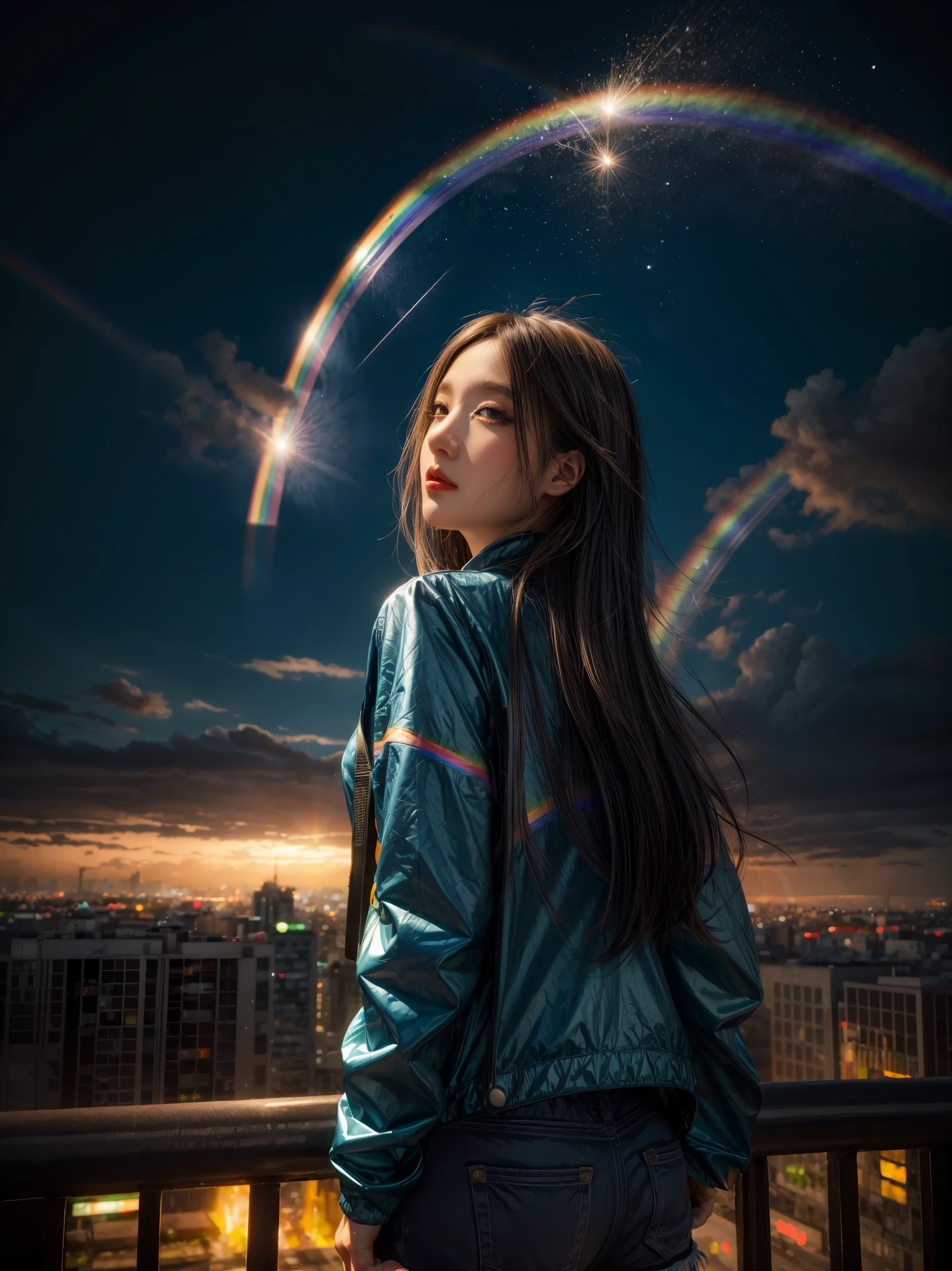 ((Giant Rainbow Meteor))、Anime girl looking at the big city landscape,Near Future City、 Makoto Shinkai Cyril Rolando, anime art wallpaper 4k, anime art wallpaper 4k, Anime art wallpaper 8K, Inspired by Cyril Rolando, In the style of Art Mumford, amazing wallpaper, By Yumei