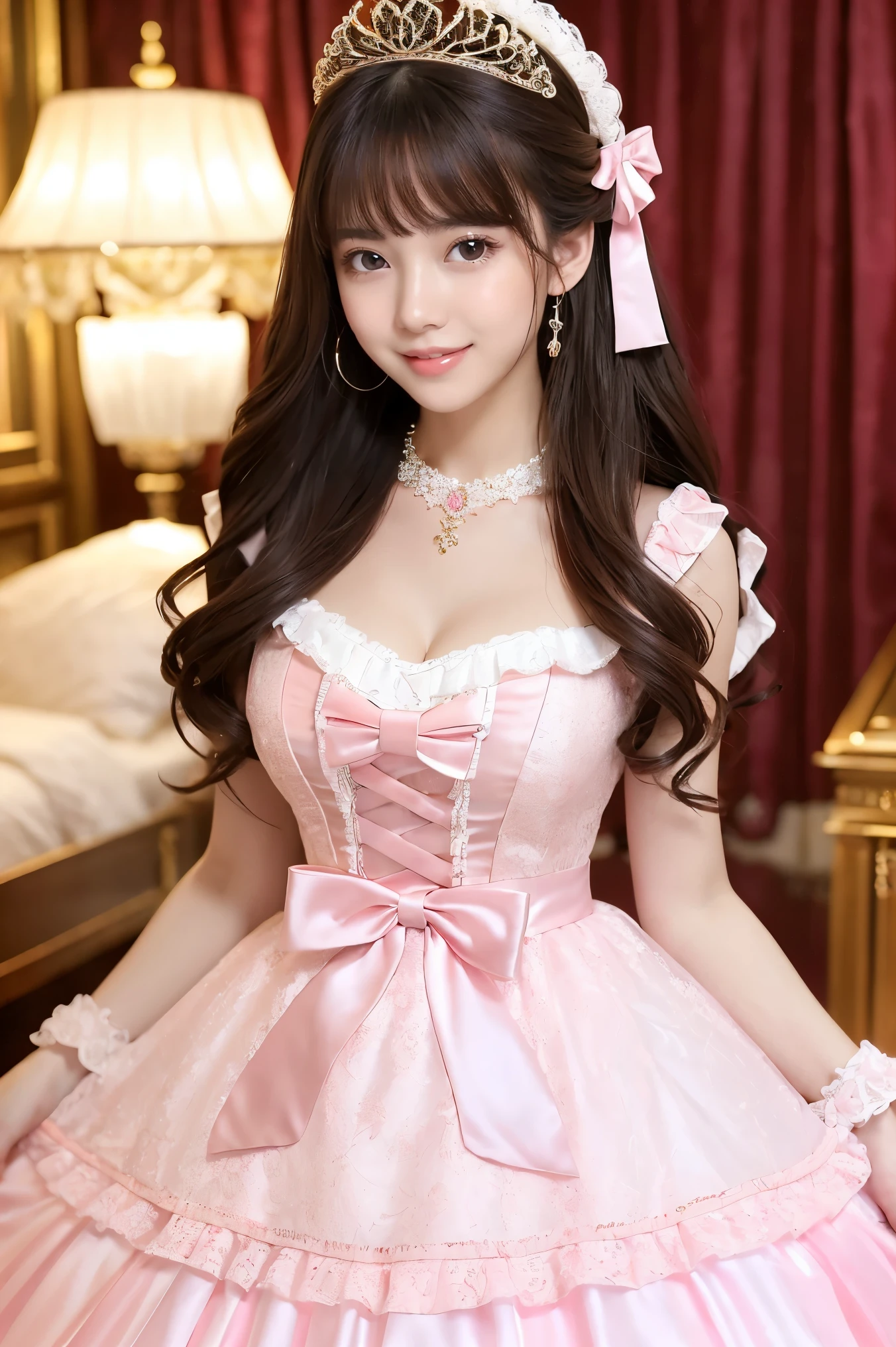 (highest quality、masterpiece、8K、best image quality、hyper realism、Award-winning work)、1 cute lolita princess、(solo:1.1)、(1 photo:1.1)、(A girly and cute high-end light pink Lolita princess dress:1.2)、(Cute big ribbon on the chest:1.1)、(The most extravagant and luxurious giant princess tiara:1.1)、(Huge jewellery:1.1)、(The most luxurious and finest huge princess jewelry necklace:1.1)、(A top-notch Lolita princess dress with intricate jewelry detailing:1.2)、(Very intricate and detailed lace decoration:1.1)、(A very intricate and elaborately decorated dress:1.1)、(The most extravagant Lolita princess dress with cute frills and ribbons:1.1)、(The most luxurious Lolita princess dress with lovely lace decoration:1.1)、(Cute girly lolita wavy hair:1.1)、(The finest, most beautiful and shining chandeliers:1.2)、(low length:1.1)、(Height: 140cm:1.1)、(very big breasts:1.2)、(cleavage:1.1)、(Cute heart symbol:1.1)、Lots of cute frills、emphasize body line、slender body、Standing gracefully、(The most luxurious and luxurious lolita princess room background in pink and white:1.1)、(Intricately detailed top-of-the-line pink, white and gold Lolita princess room:1.1)、(A luxurious princess room with the most extravagant and girly atmosphere:1.2)、(The most gorgeous and gorgeous pink Lolita princess room:1.2)、(very bright and vivid:1.4)、(Bright and shiny dress:1.2)、(A very bright and sparkling white and pink princess room:1.4)、(The most extravagant and highly decorated, luxurious walls:1.1)、A girl standing gracefully、accurate anatomy、perfect makeup、long eyelashes、glossy lips、Ultra high definition glossy skin、(Ultra-high definition bright and beautiful skin:1.3)、超高精細のglossy lips、Super high definition beautiful teeth、Ultra HD beautiful light brown hair、(Huge belly in late pregnancy:1.2)、(body facing forward:1.1)、(Photo from the front:1.1)