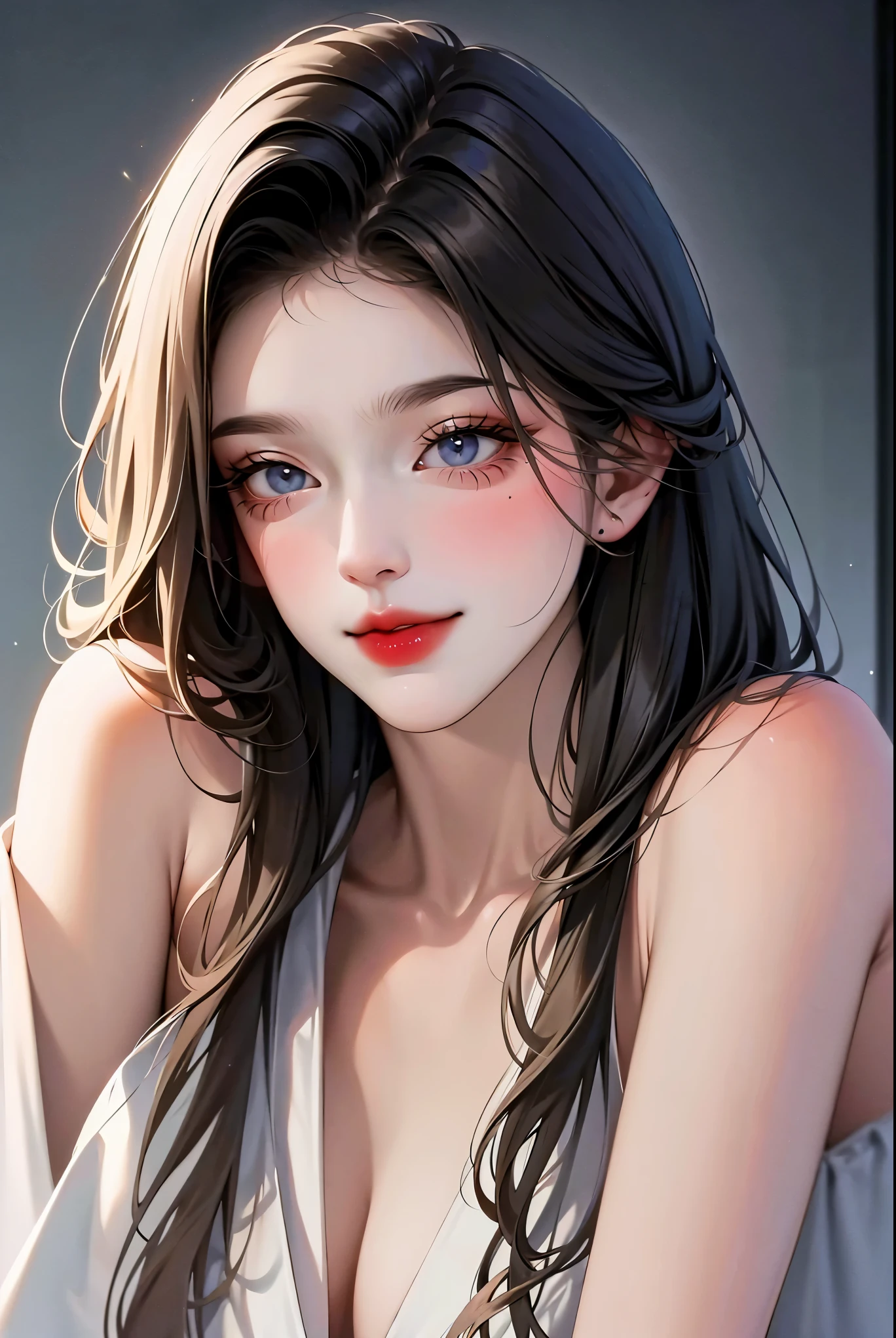 masterpiece,highest quality,disorganized,original,very delicate and beautiful,Beautifully detailed eyes and face,1 girl, black hair, kimono, looking at the viewer, alone, (shiny skin),(masterpiece:1.4),(highest quality:1.4),realistic,robber girl,mature woman,mature woman,smile,closed mouth