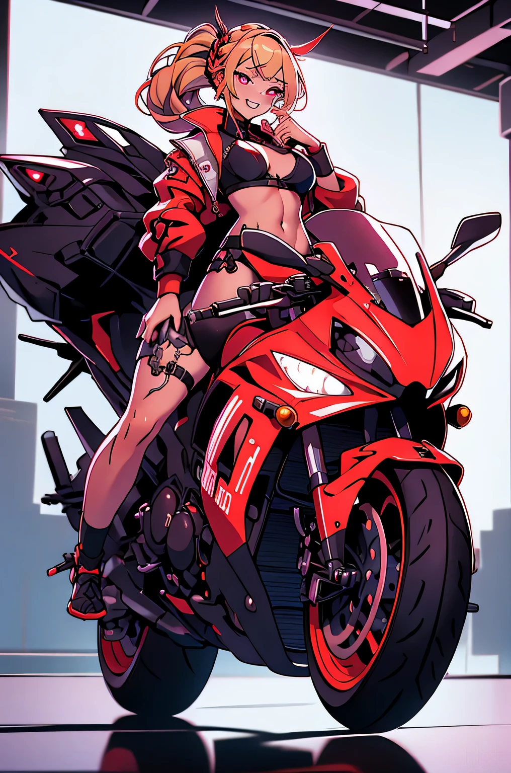 1girl, rebecca \(cyberpunk\), full body, solo, blonde braid hair, glowing red eyes,laugh fearlessly, leg tattoo, neck tattoo, large chest, black bra, thong, red pupils, skin fang, red eyes, black jacket, Straddling a motorcycle、dynamic angle、dynamic pose、