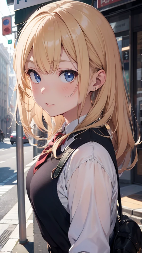 (masterpiece), (best quality, High resolution, Very detailed, illustration), 1 girl, alone, City, contemporary, Profile picture close-up, Blonde beige long hair gradient watercolor hair tail, phantom blue eyes, beautiful and delicate eyes, super detailed eyes, perfect eyes, perfect face, Super fine facial details, random expression, squat, earphone, 8K, Popular topics on ArtStation, Recommended on pixiv
