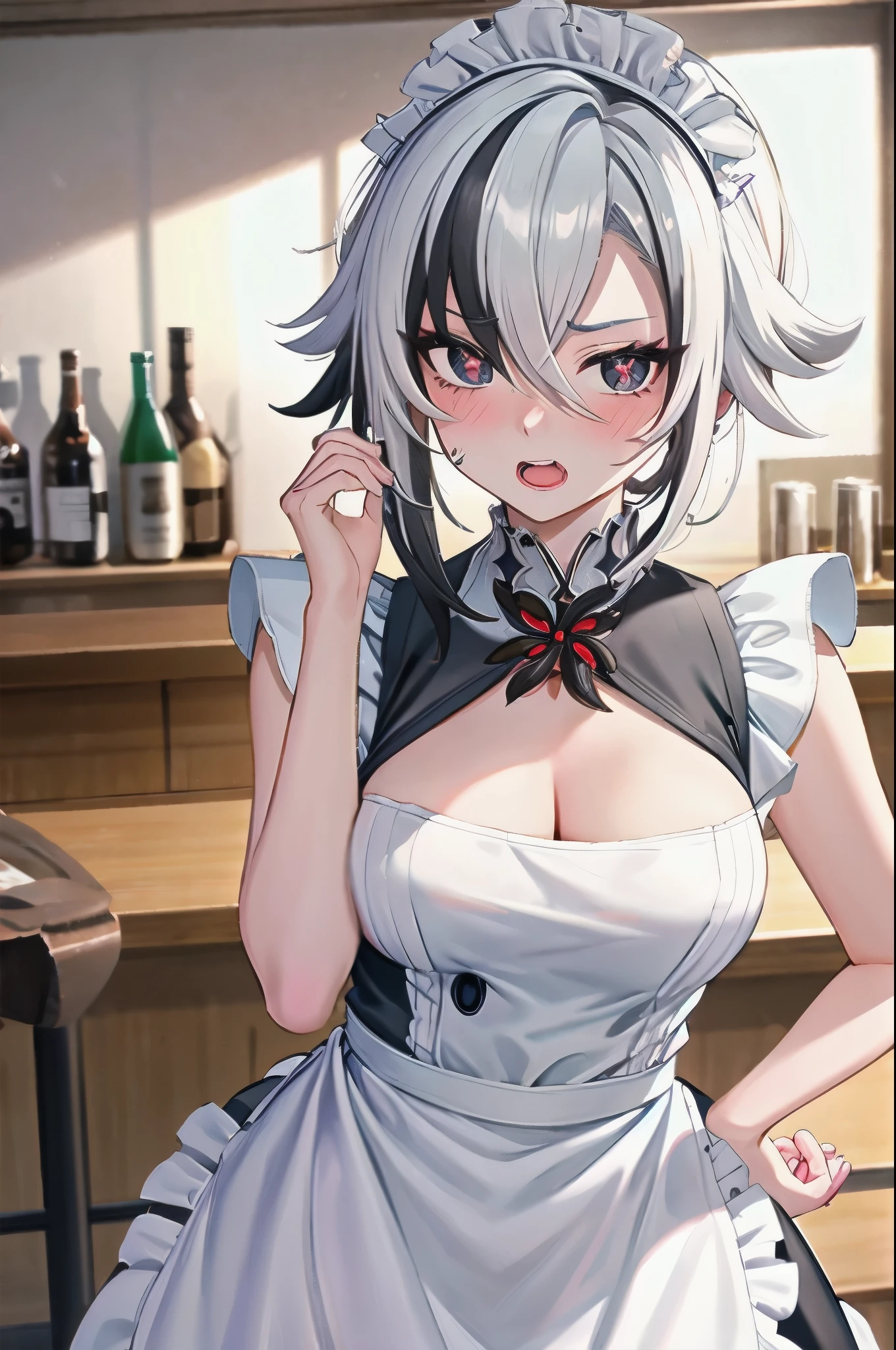 1girl, arlecchino \(genshin impact\), maid, maid headdress, maid apron, embarrassed, open mouth, blush, light frown, looking at viewer, x-shaped pupils, black eyes, cowboy shot, bar \(place\), indoors, depth of field