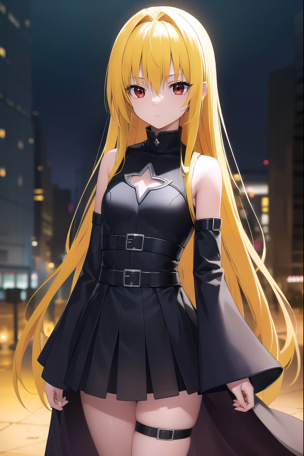 toloveruyami, yami, (yellow hair:1.5), long hair, (red eyes:1.5), hair ornament, (small chest:1.2), 
BREAK sleeveless, detached sleeves, dress, black dress, black skirt, clothing cutout, cleavage cutout,
BREAK outdoors, city,
BREAK looking at viewer, (cowboy shot:1.5),
BREAK (masterpiece:1.2), best quality, high resolution, unity 8k wallpaper, (illustration:0.8), (beautiful detailed eyes:1.6), extremely detailed face, perfect lighting, extremely detailed CG, (perfect hands, perfect anatomy),