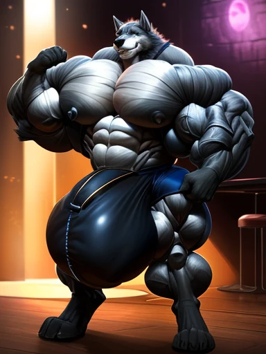 4k, high resolution, best quality, perfect lightning, perfect shadows, solo, anthro, young, boy, wolf, furry body, (fluffy mane:1.2), fluffy tail, male, adult, (bulky, thick muscles, huge muscles, hyper muscles:2.0), (thick biceps, veiny biceps, big broad veiny pecs, broad shoulders:1.1), (thick legs, thick calves:1.1), (digitigrade legs, 4 toes:1.2), (huge bulge, hyper bulge:2.0), perfect colors, (photorealistic fur, detailed fur, epic, masterpiece), (suggestive posing:1.2), (seductive smile, lustful grin 1.3), detailed modern bar, (black leather jacket, open jacket, tie, black shorts), detailed wolf eyes, by k0suna, by darkgem