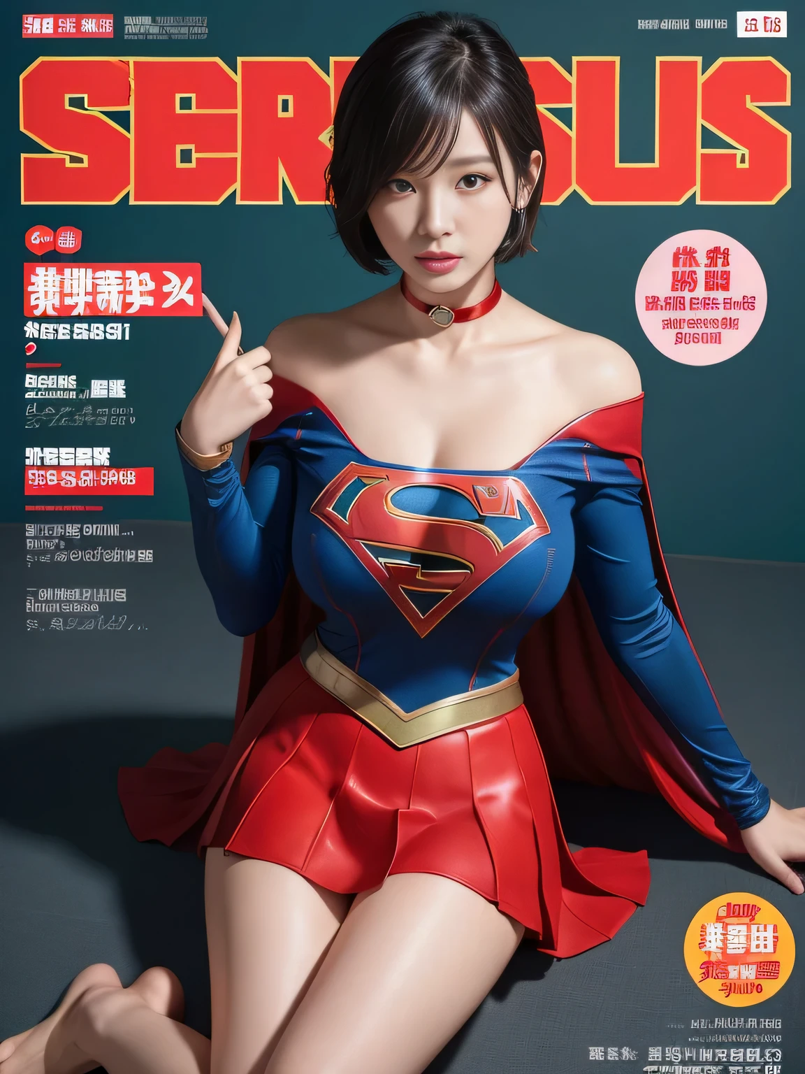 masterpiece、supergirl costume、short hair、barefoot、big and full breasts、Crisis situation、operating room、operating table、straddle、Sweat、shiny、look at the camera、provoke、Estrus、choker、Weekly magazine cover、long sleeve、red mini skirt、obscene、seductive pose、Glamorous、off shoulder、