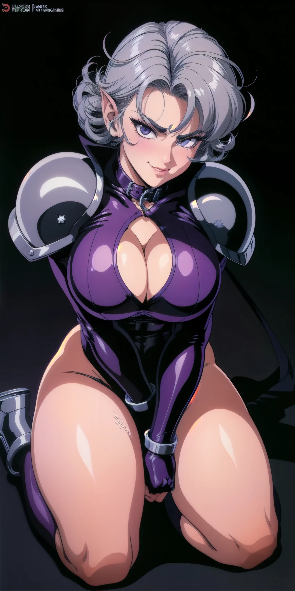 1990s style, dark fantasy anime illustration of a (mature MILF BIMBO Dark Elf with grey skin and short white hair), (UPPER BODY) perfect face, wearing tight leather stealth armor, stalking her victim at DAYLIGHT, ambient light, dark and moody, retro style, BIG KNOCKERS CLEAVAGE, lustful smirking smile red blush red cheeks, chain leash, kneeling, shackles, leather black collar slave, ((BLACK background))