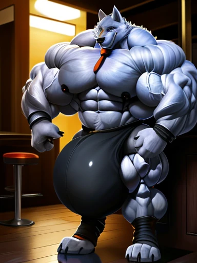 4k, high resolution, best quality, perfect lightning, perfect shadows, solo, anthro, young, boy, wolf, furry body, (fluffy mane:1.2), fluffy tail, male, adult, (bulky, thick muscles, huge muscles, hyper muscles:2.0), (thick biceps, veiny biceps, big broad veiny pecs, broad shoulders:1.1), (thick legs, thick calves:1.1), (digitigrade legs, 4 toes:1.2), (huge bulge, hyper bulge:2.0), perfect colors, (photorealistic fur, detailed fur, epic, masterpiece), ( posing:1.2), ( smile,  grin 1.3), detailed modern bar, (black leather jacket, open jacket, tie, black shorts), detailed wolf eyes, by k0suna, by darkgem