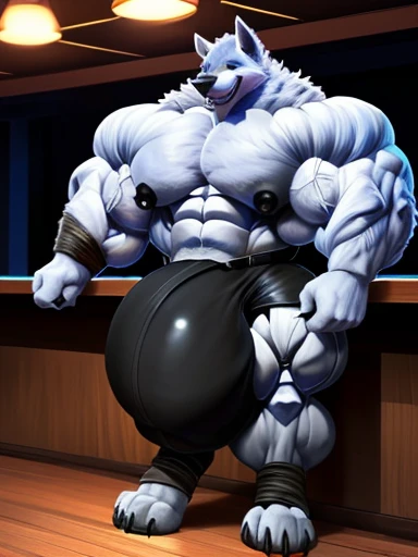 4k, high resolution, best quality, perfect lightning, perfect shadows, solo, anthro, young, boy, wolf, furry body, (fluffy mane:1.2), fluffy tail, male, adult, (bulky, thick muscles, huge muscles, hyper muscles:2.0), (thick biceps, veiny biceps, big broad veiny pecs, broad shoulders:1.1), (thick legs, thick calves:1.1), (digitigrade legs, 4 toes:1.2), (huge bulge, hyper bulge:2.0), perfect colors, (photorealistic fur, detailed fur, epic, masterpiece), (suggestive posing:1.2), (seductive smile, lustful grin 1.3), detailed modern bar, (black leather jacket, open jacket, tie, black shorts), detailed wolf eyes, by k0suna, by darkgem