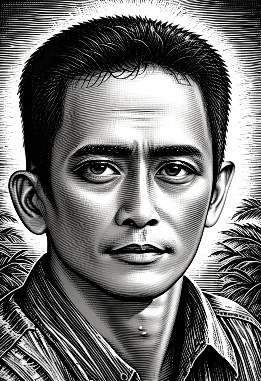 a half body portrait,Scratch board illustration, Indonesia man 35years, black eyes,black hair, close up portrait, centered,intricate details,high resolution,4k, illustration style, Over all Detail, Scratch board illustration,wong-maret