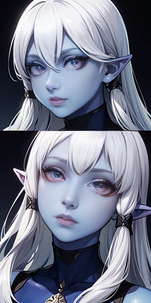 Big ,blue skin color,white hair,blue ayes,pointy ears, hyper realistic, Ultra detail, high res
