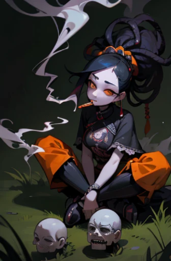 ((18-year-old punk girl)),((Orange national costume)),(dreadlocks、black hair)Studded clothing、((smoking a cigarette))、((sitting on grass))、（narrow and small eyes）,Wacky makeup、breast enhancement, (masterpiece), (High resolution), (super delicate), nightmare, doll-like face, cartoon style, Horror elements, Comic style illustration, Japanese painting,  Apparition, (Creepy), Japanese carving, crazy illustration, antique, dark atmosphere, flat illustration,Creepyな外観, unique atmosphere
