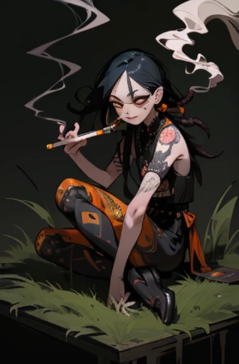 ((18-year-old punk girl)),((Orange national costume)),(dreadlocks、black hair)Studded clothing、((smoking a cigarette))、((sitting on grass))、（narrow and small eyes）,Wacky makeup、breast enhancement, (masterpiece), (High resolution), (super delicate), nightmare, doll-like face, cartoon style, Horror elements, Comic style illustration, Japanese painting,  Apparition, (Creepy), Japanese carving, crazy illustration, antique, dark atmosphere, flat illustration,Creepyな外観, unique atmosphere
