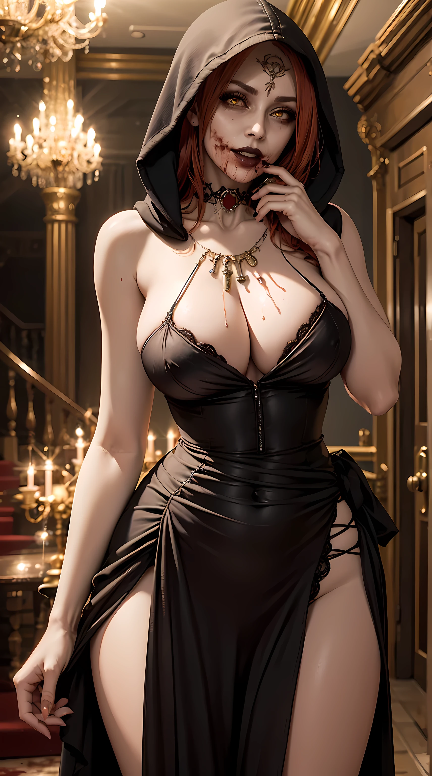 Beautiful red hair woman is shown to have a athletic figure, wearing a hood,  she is wearing a beautiful nsfw dress, jewelry, black lips, blood, dripping from mouth, yellow eyes, girl standing in a gala ballroom, sexy session, putting her hands on her waist, poseing, exposed cleavage, cowboy shot, superior quality, many details, realistic