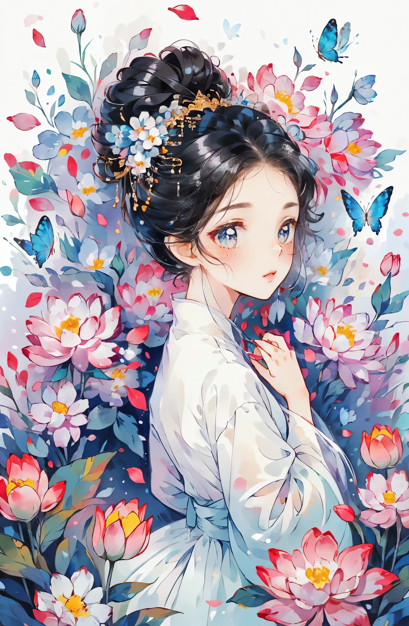 1 sister, alone, looking at the audience, Blushed, background with, black hair color hair, hair accessories, long sleeve, White background, Everlasting, Full body female love, flowers bloom, tender, hair flower, bun, Butterfly, masterpiece, recent quality, best details, clear facial features, beautiful eyes