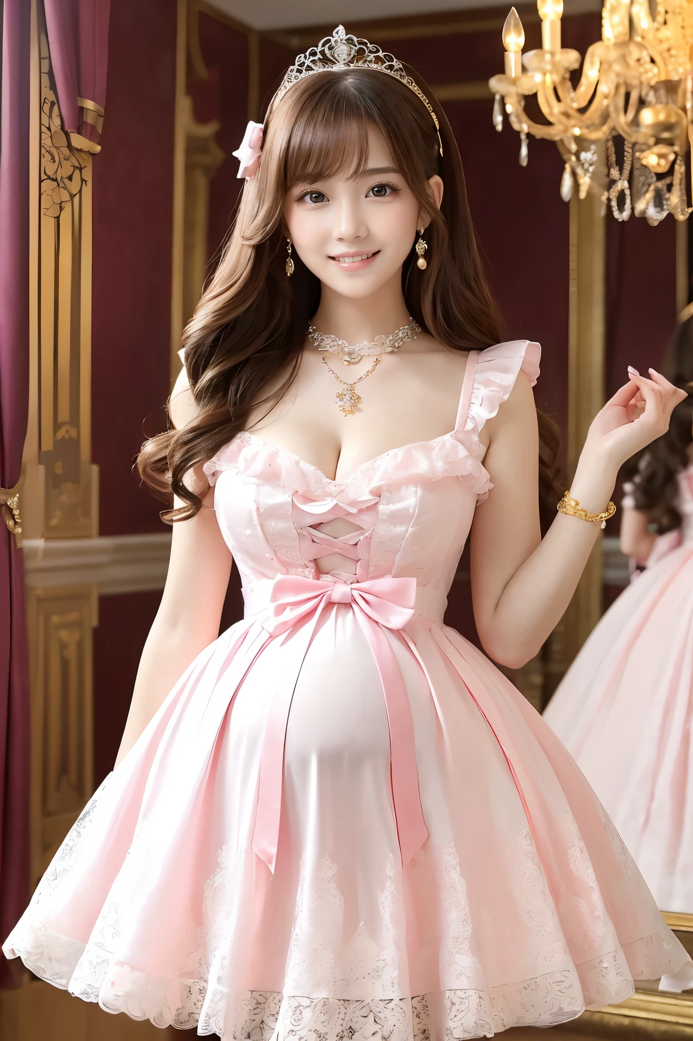 (highest quality、masterpiece、8K、best image quality、hyper realism、Award-winning work)、1 cute ta princess、(solo:1.1)、(1 photo:1.1)、(A girly and cute high-end light pink Lolirincess dress:1.2)、(Cute big ribbon on the chest:1.1)、(The most extravagant and luxurious giant princess tiara:1.1)、(Huge jewellery:1.1)、(The most luxurious and finest huge princess jewelry necklace:1.1)、(A top-notch Lolita pess dress with intricate jewelry detailing:1.2)、(Very intricate and detailed lace decoration:1.1)、(A very intricate and elaborately decorated dress:1.1)、(The most extravagant Lolita princdress with cute frills and ribbons:1.1)、(The most luxurious Lolita princess s with lovely lace decoration:1.1)、(Cute girly lolita wavy hair:1.1he finest, most beautiful and shining chandeliers:1.2)、(low length:1.1)、(Height: 140cm:1.1)、(very big breasts:1.2)、(cleavage:1.1)、(Cute heart symbol:1.1)、Lots of cute frills、emphasize body line、slender body、Standing gracefully、(The most luxurious and luxurious lolita princess room bacund in pink and white:1.1)、(Intricately detailed top-of-the-line pink, white and gold Lolita princess room:1.1)、(Aurious princess room with the most extravagant and girly atmosphere:1.2)、(The most gorgeous and gorgeous pink Lolita princess room:1.2)、(very ht and vivid:1.4)、(Bright and shiny dress:1.2)、(A very bright and sparkling white and pink princess room:1.4)、(The most extravagant and highly decorated, luxurious walls:1.1)、A girl standing gracefully、accurate anatomy、perfect makeup、long eyelashes、glossy lips、Ultra high definition glossy skin、(Ultra-high definition bright and beautiful skin:1.3)、超高精細のglossy lips、Super high definition beautiful teeth、Ultra HD beautiful light brown hair、(Huge belly in late pregnancy:1.2)、(body facing forward:1.1)、(Photo from the front:1.1)