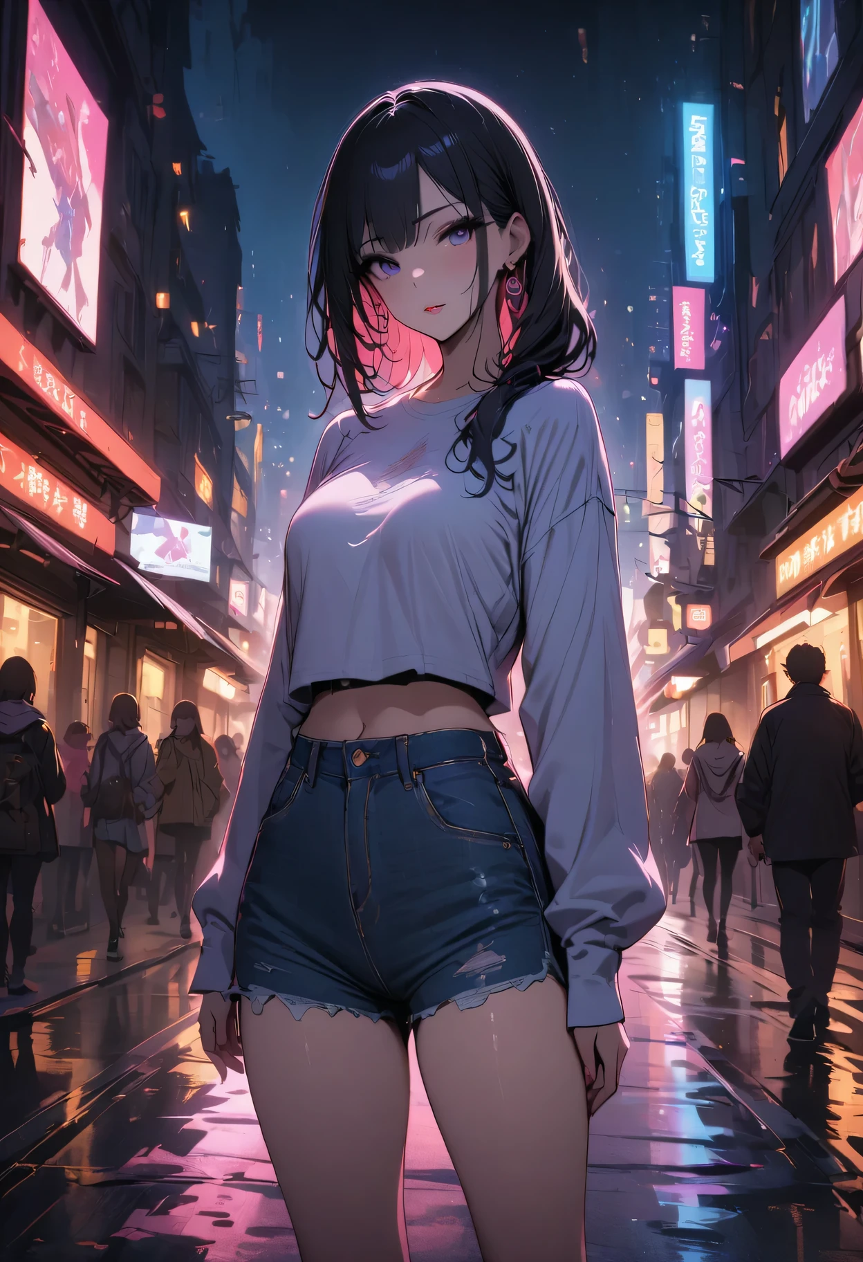 top quality, masterpiece, ultra high definition, (Evening Street), 1 girl, black eyes, looking at the audience, long hair, Light makeup, lips, Small ears, White T-shirt, Denim shorts, earrings, Slim, Neat, 