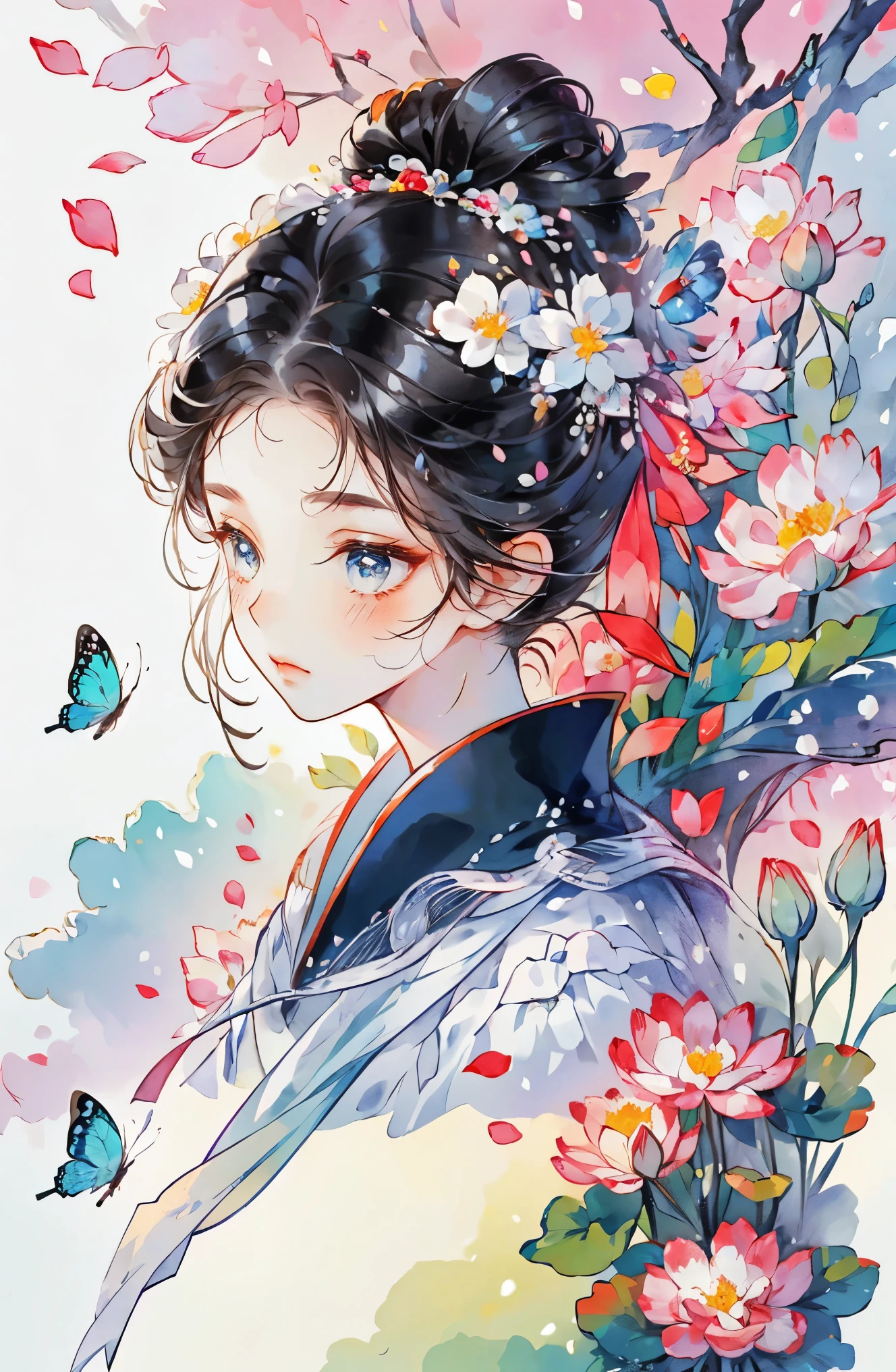 1 sister, alone, looking at the audience, Blushed, background with, black hair color hair, hair accessories, long sleeve, White background, Everlasting, Full body female love, flowers bloom, tender, hair flower, bun, Butterfly, masterpiece, recent quality, best details, clear facial features, beautiful eyes