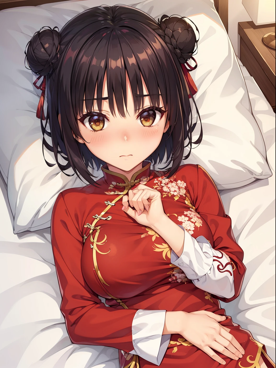 (highest quality, High resolution, perfect pixel, Depth of the bounds written, 4k, beautiful anime girl),  
looking at the viewer, 
perfect body,  

sntm, 1girl, alternate hairstyle, double bun, large breasts, short hair, 

(blush:1.2), I&#39;m surprised, 
(red china dress), 
in bedroom, 

hands on breast, lying on bed, from above, upper body, 