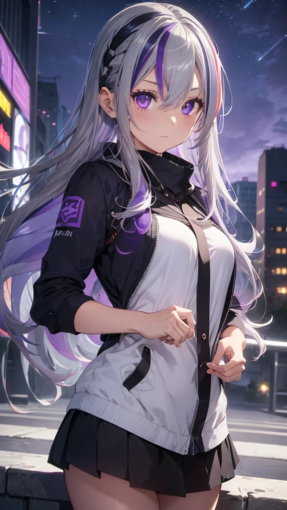 1 girl, (Silver hair streaked purple:1.6), (Gradient sky blue hair ends:1.6), super long hair, Technical clothing masterpiece, actual, Dark purple jacket, portrait, (Illusion deep purple eyes), delicate eyes, wearing headphones, 28 year old girl, wide angle shot, on the street, cyberpunk, Focus on face, Very detailed facial, one person, (Big breasts and hot body), Random pose, Random expressions, Standing on the rooftop and looking at the starry night sky, meteor, wavy hair, absurdly long hair, single sidelock, hair strand, aqua eyes, makeup, High like real eyes, shiny hair, floating hair, front braid, glowing eyes, realism, chiaroscuro, glowing light, sparkle, ray tracing, cinematic lighting, Futurism, motion blur, best quality, UHD, super detail, masterpiece, highres, ccurate
