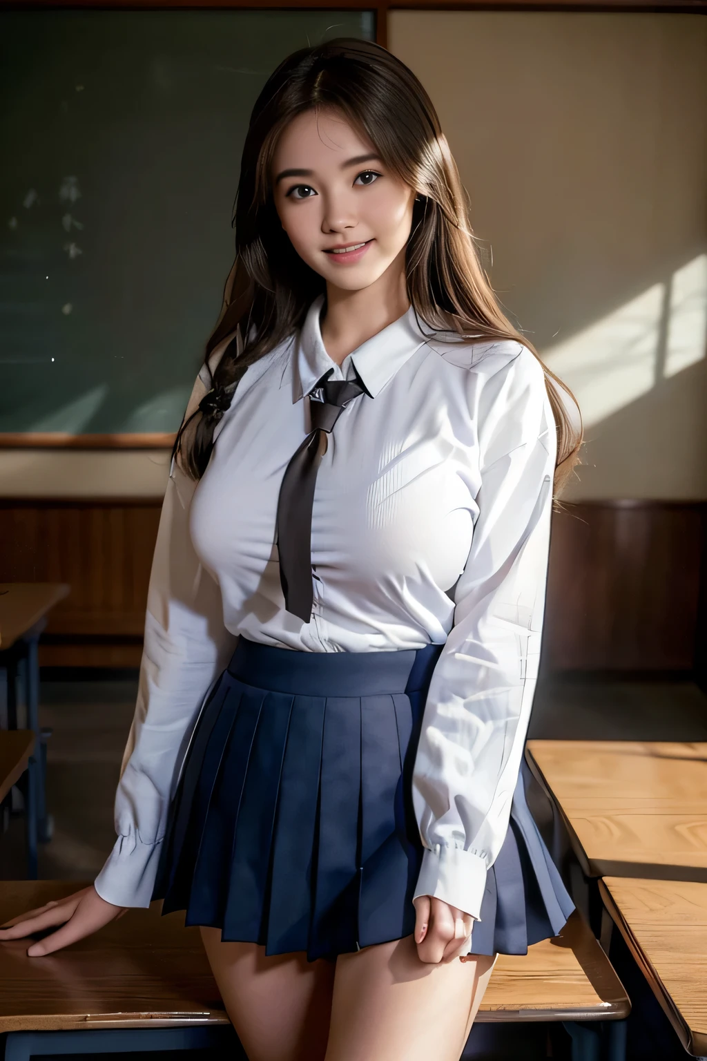 ((japanse beatiful girl:1.3)) ((school uniforms:1.4)) ((panty shot:1.5)) ((high school)),((dark blue skirt:1.3)) ((in the class room:1.3)) ((thin_fabric:1.4)) ((random sexy pose:1.3)) ((sweaty:1.5))((face is flushed:1.4)) ((big breasts:1.4)) ((close-up:1.2)) best quality,masterpiece,ultra high res,(photorealistic:1.4),raw photo,(Authentic skin texture:1.3),(film grain:1.3),panorama,character portrait,very wide shot,narrow waist,cowboy shot,(in the dark, deep shadow, low key, cold light,) night,(()),streaming tears,,dust,Tyndall effect,(expression),1girl,beautiful detailed eyes and face,white jabot,brown eyes,((brown hair:1.2)) ((full body:1.3)) ((smile:1.3))