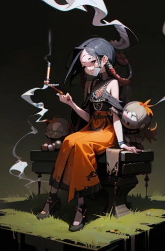 ((18 year old punk girl with dreadlocks)),((Orange national costume)),(dreadlocks、black hair)Studded clothing、((smoking a cigarette))、((sitting on grass))、(narrow and small eyes),Wacky makeup、breast enhancement, (masterpiece), (High resolution), (super delicate), nightmare, doll-like face, cartoon style, Horror elements, Comic style illustration, Japanese painting, Apparition, (Creepy), Japanese carving, crazy illustration, antique, dark atmosphere, flat illustration,Creepyな外観, unique atmosphere