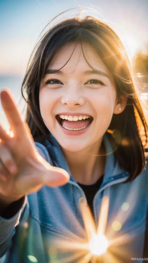 (8K, highest quality, masterpiece: 1.2), Super detailed, super resolution, a beautiful girl, pointing at viewer, (huge Laughing:1.1), (open mouth:1.1), (wide open eyes:1.2), sun glare, blurry background, light particles,