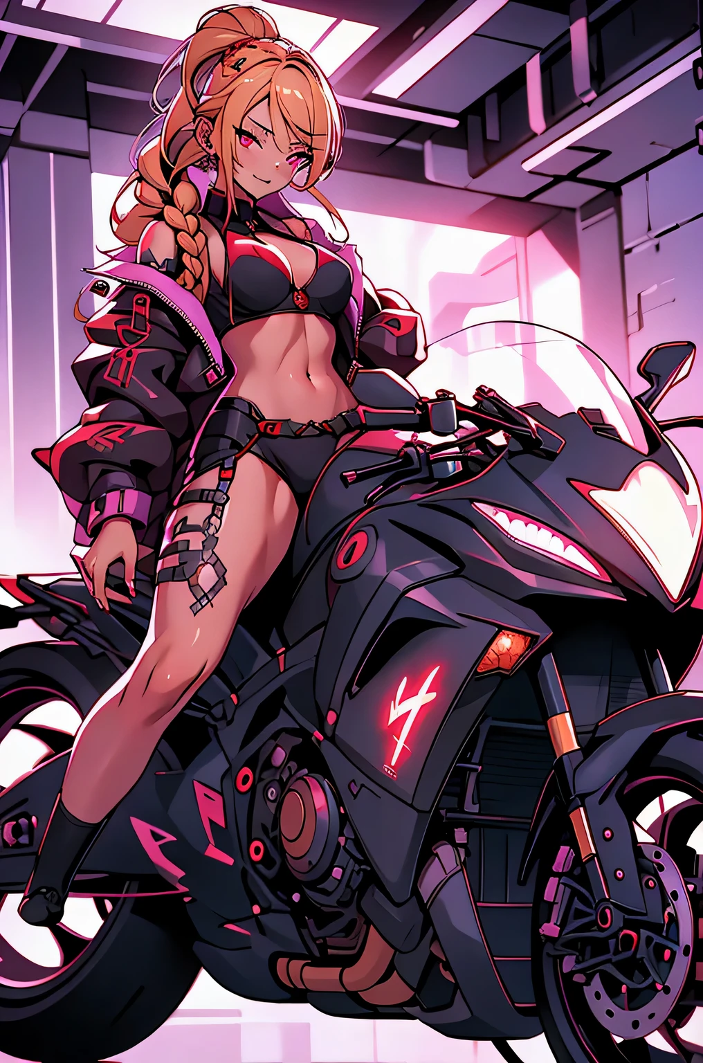 1girl, rebecca \(cyberpunk\), full body, solo, blonde braid hair, glowing red eyes,laugh fearlessly, leg tattoo, neck tattoo,  large chest, black bra, thong, red pupils, skin fang, red eyes, black jacket, Straddling a motorcycle、dynamic angle、dynamic pose、