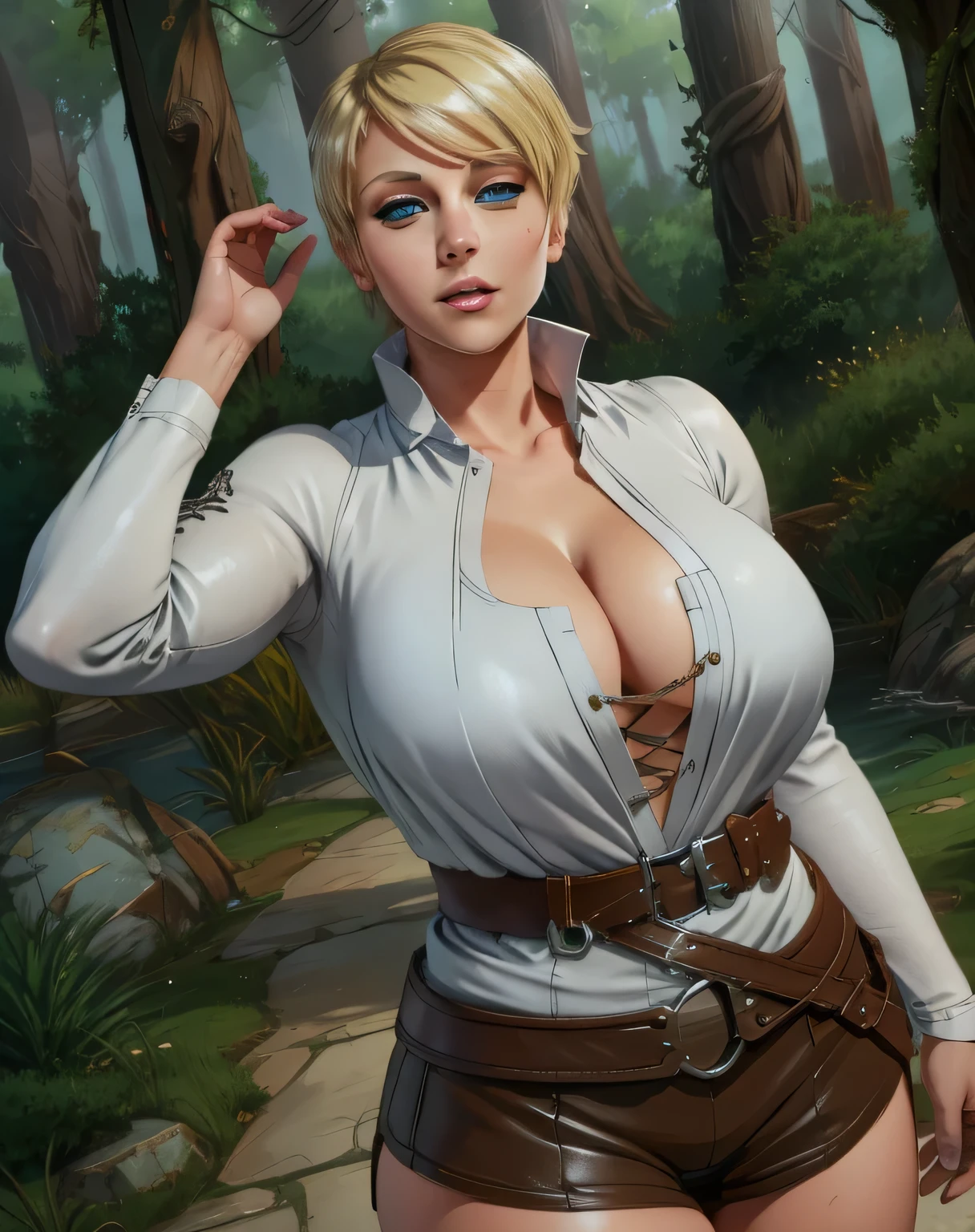  [artist:nyantcha], Ranger, blonde hair, blue eyes,  short hair, huge breasts, wide hips,
white shirt, leather armor, cleavage, 
 upper body, standing,  motion lines, 
forest, morning, 
(insanely detailed, beautiful detailed face,beautiful detailed eyes, masterpiece, best quality) 
 