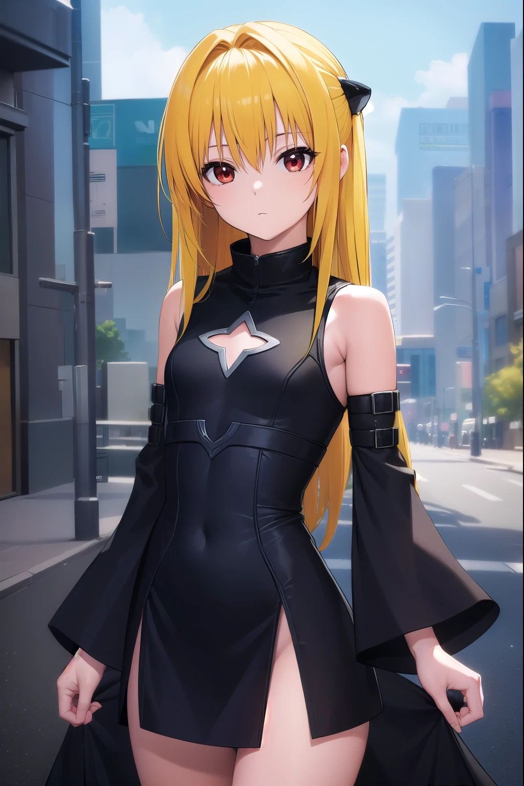 toloveruyami, yami, (yellow hair:1.5), long hair, (red eyes:1.5), hair ornament, (small chest:1.2),
BREAK sleeveless, detached sleeves, dress, black dress, black skirt, clothing cutout, cleavage cutout,
BREAK outdoors, city,
BREAK looking at viewer, (cowboy shot:1.5),
BREAK (masterpiece:1.2), best quality, high resolution, unity 8k wallpaper, (illustration:0.8), (beautiful detailed eyes:1.6), extremely detailed face, perfect lighting, extremely detailed CG, (perfect hands, perfect ???????),