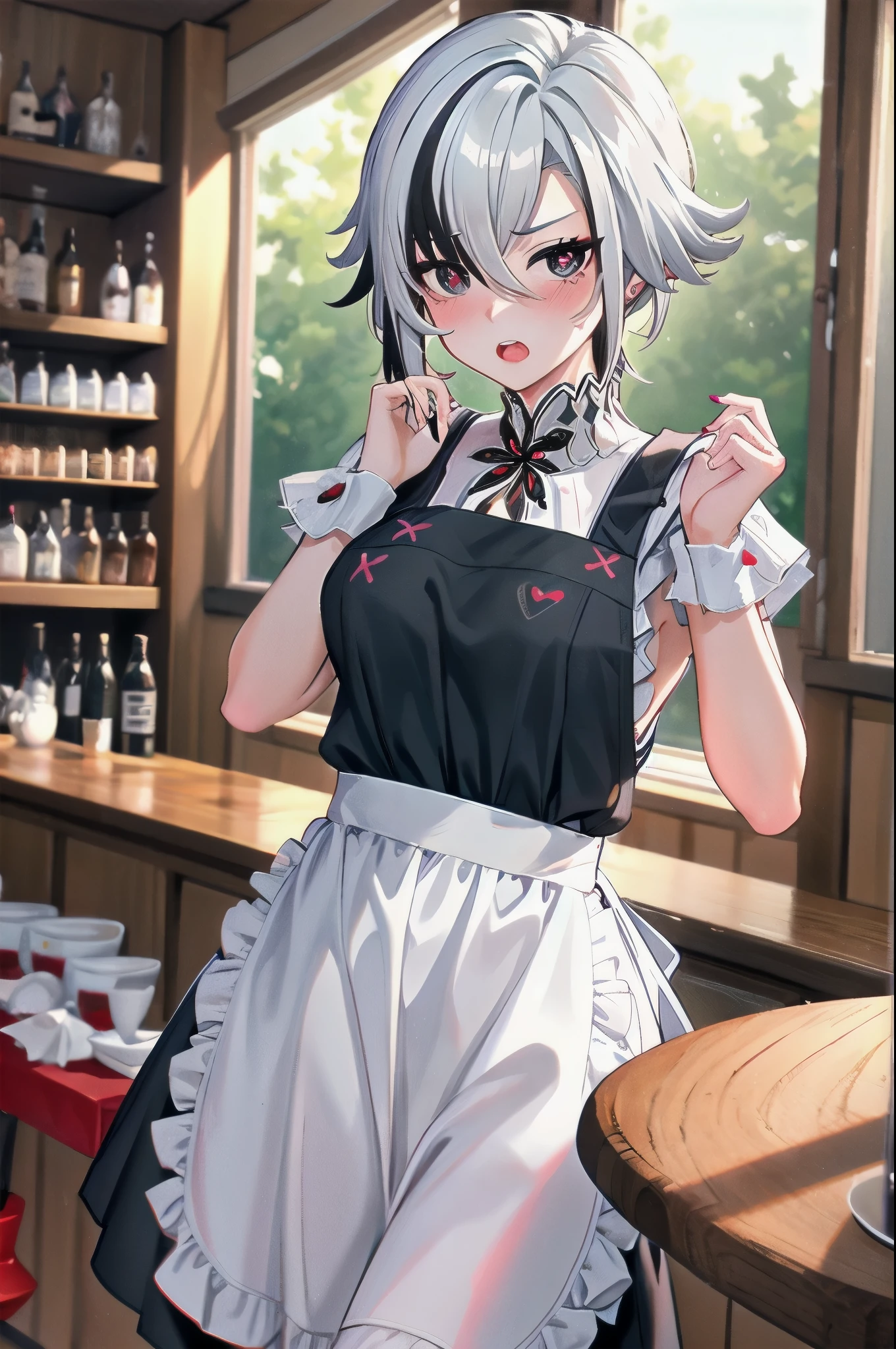 1girl, arlecchino \(genshin impact\), maid, maid headdress, maid apron, embarrassed, open mouth, blush, light frown, looking at viewer, x-shaped pupils, black eyes, cowboy shot, bar \(place\), indoors, depth of field