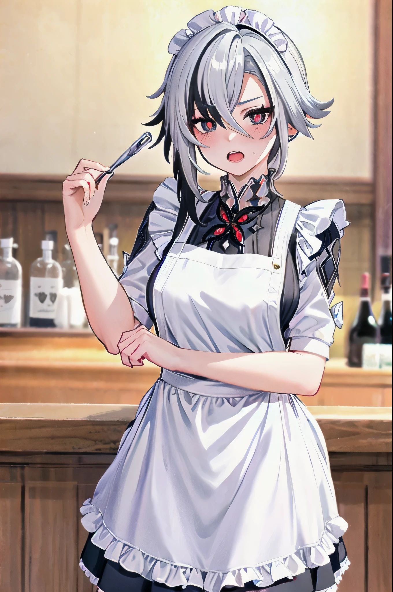 1girl, arlecchino \(genshin impact\), maid, maid headdress, maid apron, embarrassed, open mouth, blush, light frown, looking at viewer, x-shaped pupils, black eyes, cowboy shot, bar \(place\), indoors, depth of field