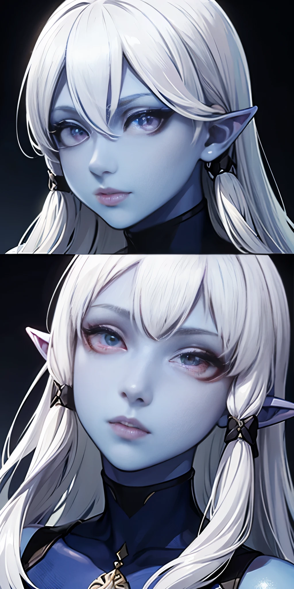 Big ,blue skin color,white hair,blue ayes,pointy ears, hyper realistic, Ultra detail, high res