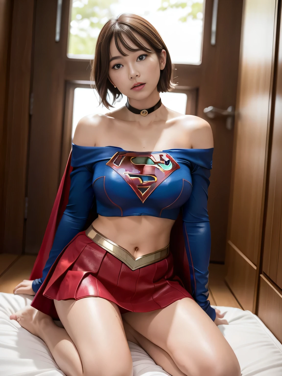 masterpiece、supergirl costume、short hair、barefoot、big and full breasts、Research room、operating table、Stretching、Tattered、shiny、look at the camera、Sexy poses to seduce、model body shape、choker、long sleeve、red mini skirt、Cowgirl、Estrus、sweaty、Radical、off shoulder、Glamorous、