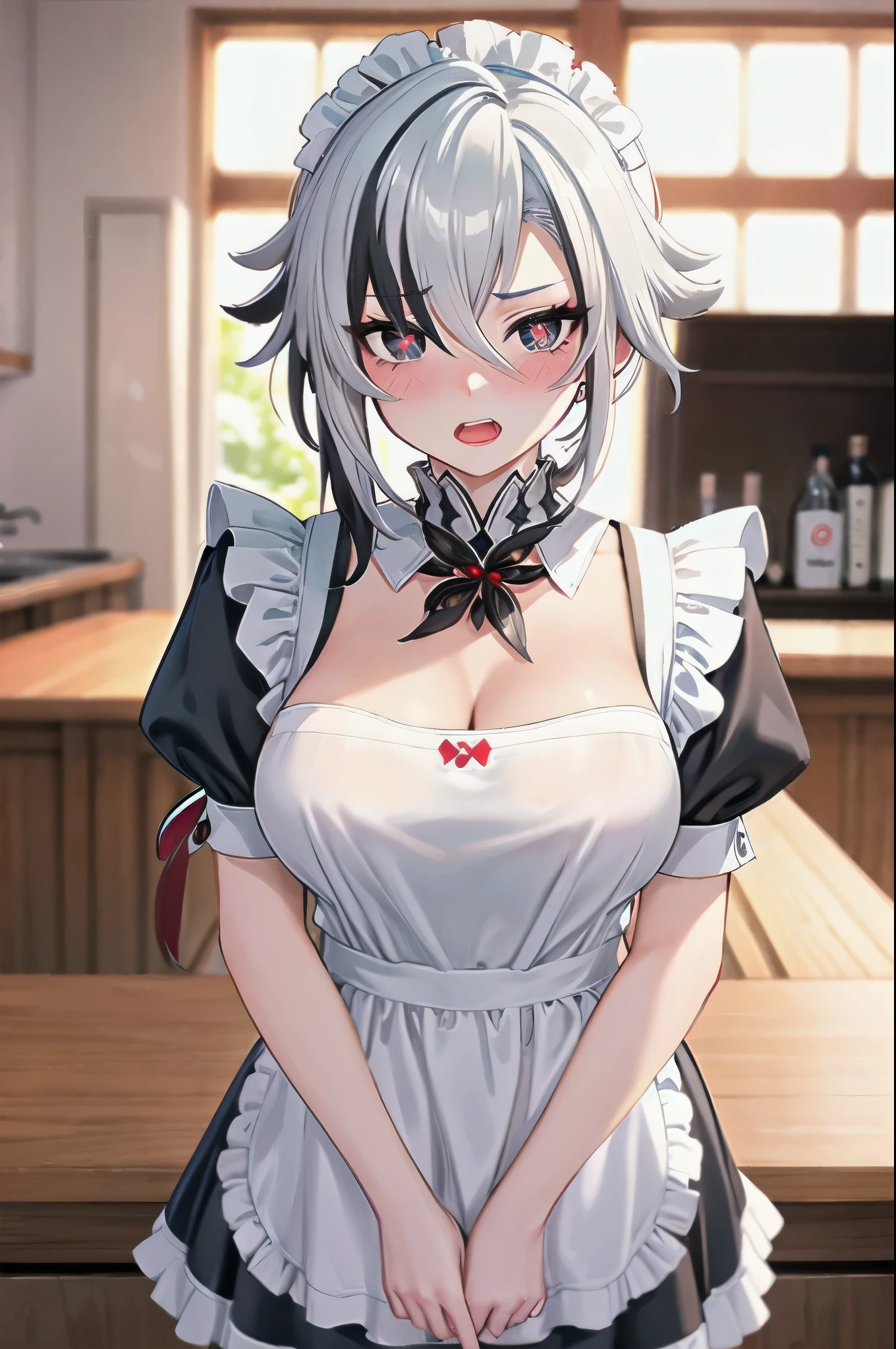 1girl, arlecchino \(genshin impact\), maid, maid headdress, maid apron, embarrassed, open mouth, blush, light frown, looking at viewer, x-shaped pupils, black eyes, cowboy shot, bar \(place\), indoors, depth of field