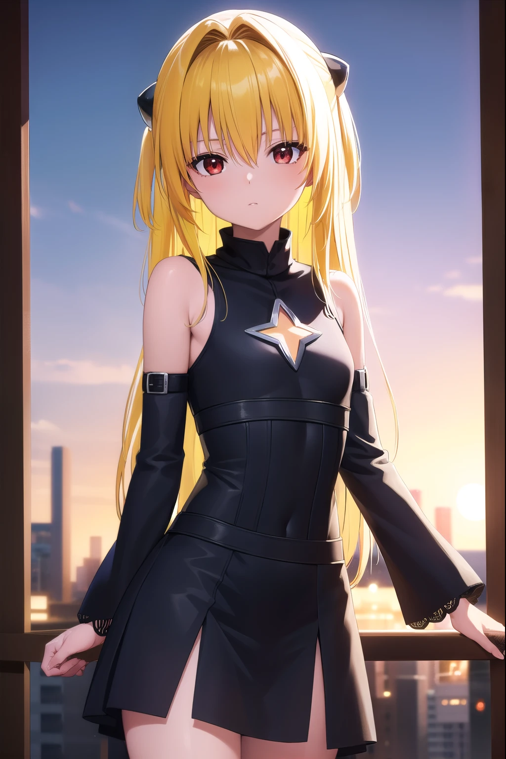 toloveruyami, yami, (yellow hair:1.5), long hair, (red eyes:1.5), hair ornament, (small chest:1.2),
BREAK sleeveless, detached sleeves, dress, black dress, black skirt, clothing cutout, cleavage cutout,
BREAK outdoors, city,
BREAK looking at viewer, (cowboy shot:1.5),
BREAK (masterpiece:1.2), best quality, high resolution, unity 8k wallpaper, (illustration:0.8), (beautiful detailed eyes:1.6), extremely detailed face, perfect lighting, extremely detailed CG, (perfect hands, perfect anatomy),