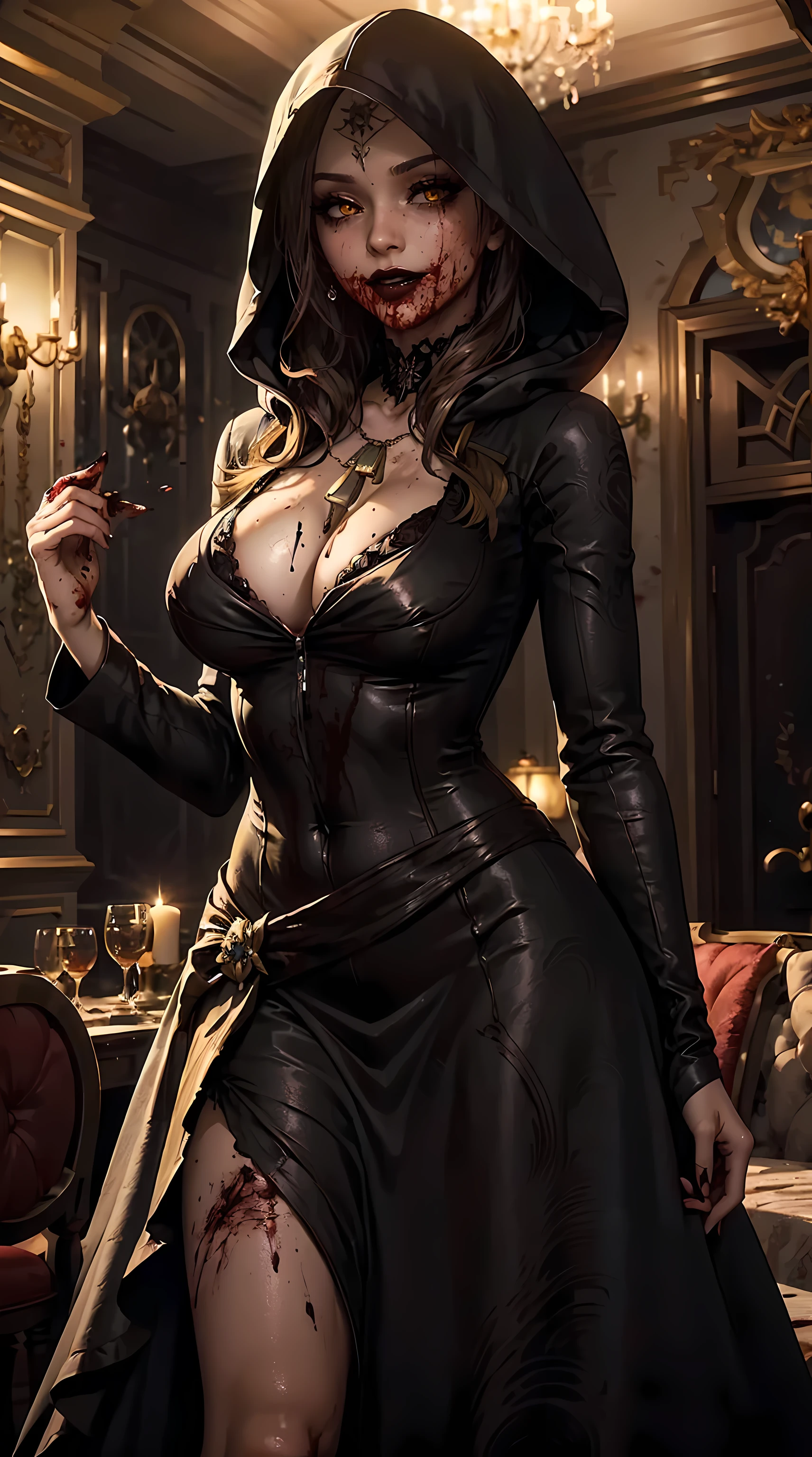 Beautiful black hair woman is shown to have a athletic figure, wearing a hood,  she is wearing a beautiful nsfw dress, jewelry, black lips, blood, dripping from mouth, yellow eyes, girl standing in a gala ballroom, sexy session, putting her hands on her waist, poseing, exposed cleavage, cowboy shot, superior quality, many details, realistic