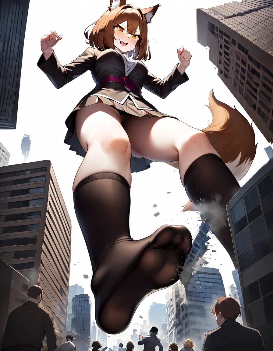 huge,brown hair,fox ears,age girl,short skirt,Teasing the villain,A giant girl taller than a building,Wearing black knee socks,city-destroying,miniature city,lifting one's feet,Ready to stampede,Toyed around,low angle of view,shrouded in the villain,White,arrogant,no shoes,sitting on the city,Eat villains