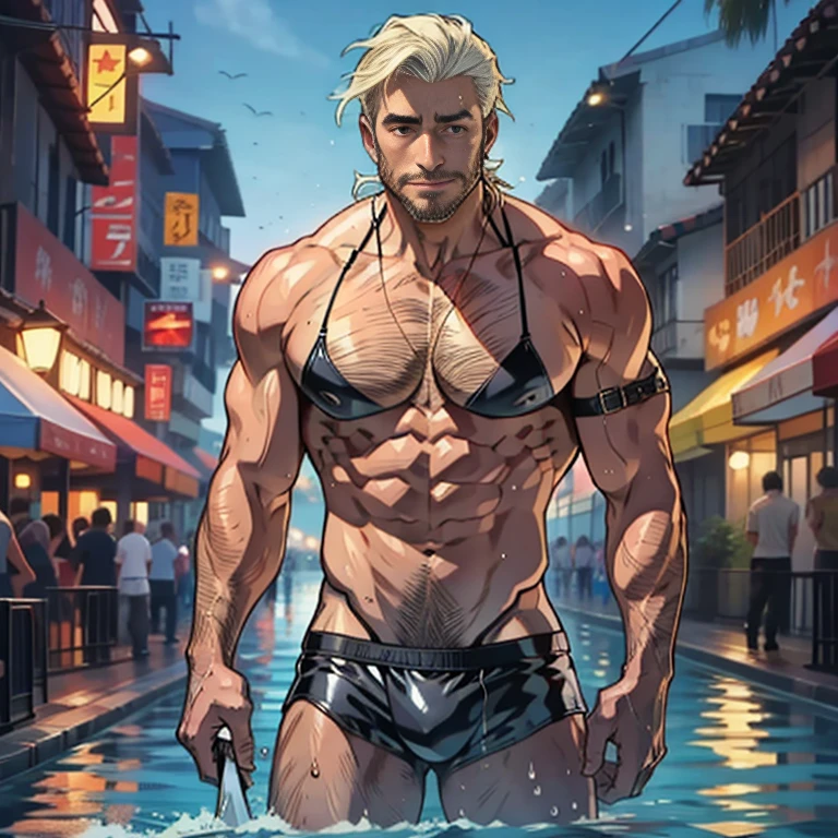 best quality, masterpiece, super high resolution, detailed background, realism, Illustrations, single, 1 boy, street, muscle, volumetric lighting, depth of field, facial hair, (((bikini swimsuit))),(((bra))),seaside, swimsuit, old man, man, muscular, wet, crotch bulge, wet shirt, wet swimsuit, full body figure