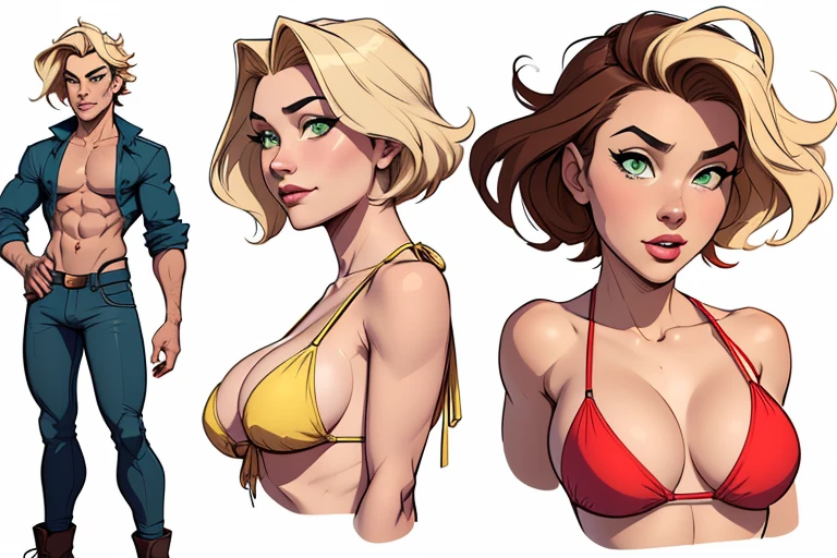 Turnaround sheet Imagem de desenho animado de uma mulher .cartoon style illustration, estilo de arte dos desenhos animados, estilo de arte dos desenhos animados, digital illustration style, design de personagens altamente detalhado, arte digital detalhada fofa, City fan art, Design de personagens de retrato, beautiful digital illustration, retrato de alta qualidade, Arte em quadrinhos, mulher jovem. Green eyes Average and wonderful bust three too many spies Cloe is brunette Sam is a redhead and Alex is a beach-toned blonde Mark in a bikini